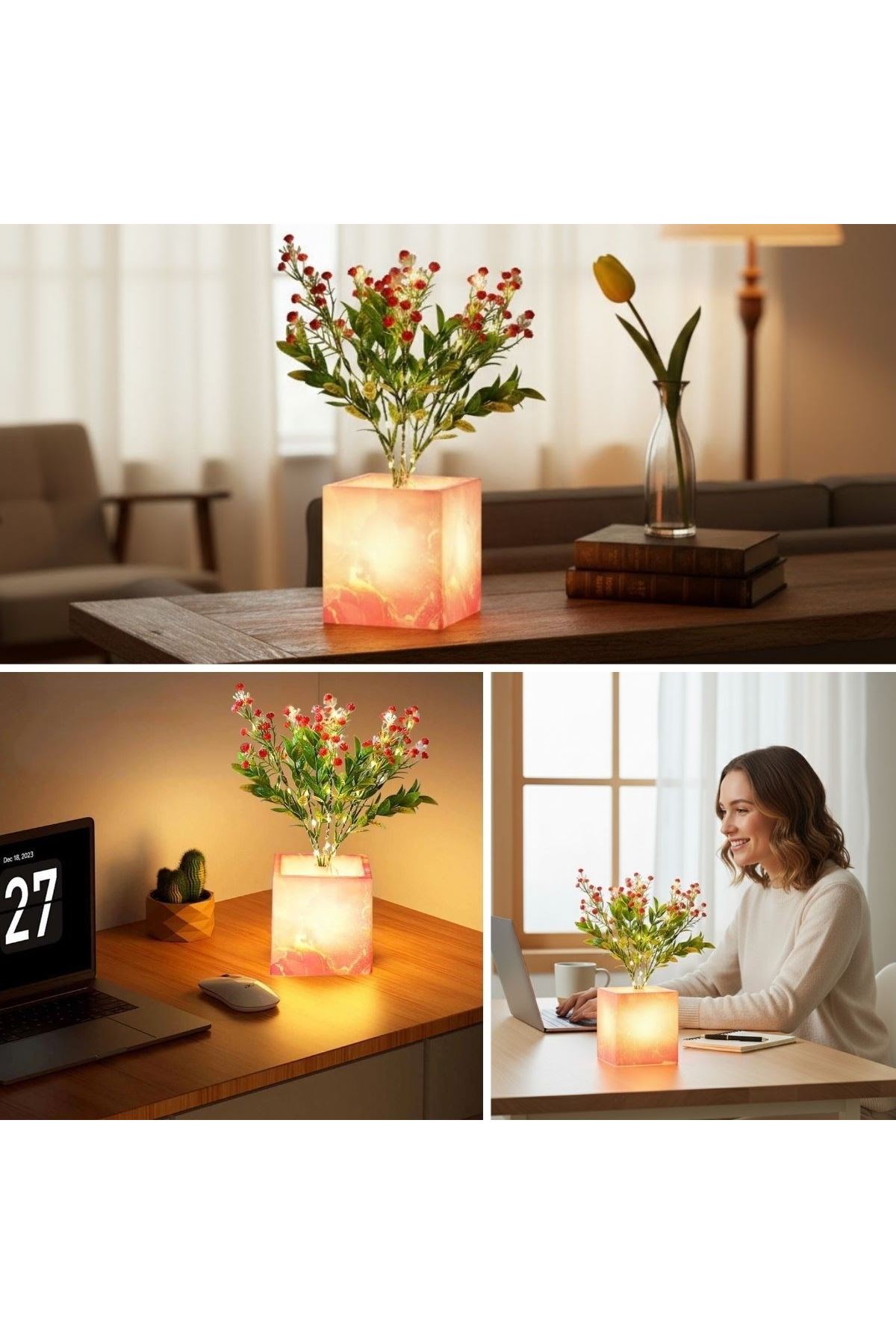 Işıklı Yapay Çiçek – Pembe Saksılı LED Dekoratif Bitki, Masaüstü ve Ev Ofis Aydınlatmalı Süs Bitkisi