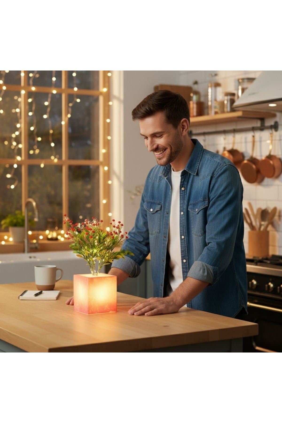 Işıklı Yapay Çiçek – Pembe Saksılı LED Dekoratif Bitki, Masaüstü ve Ev Ofis Aydınlatmalı Süs Bitkisi