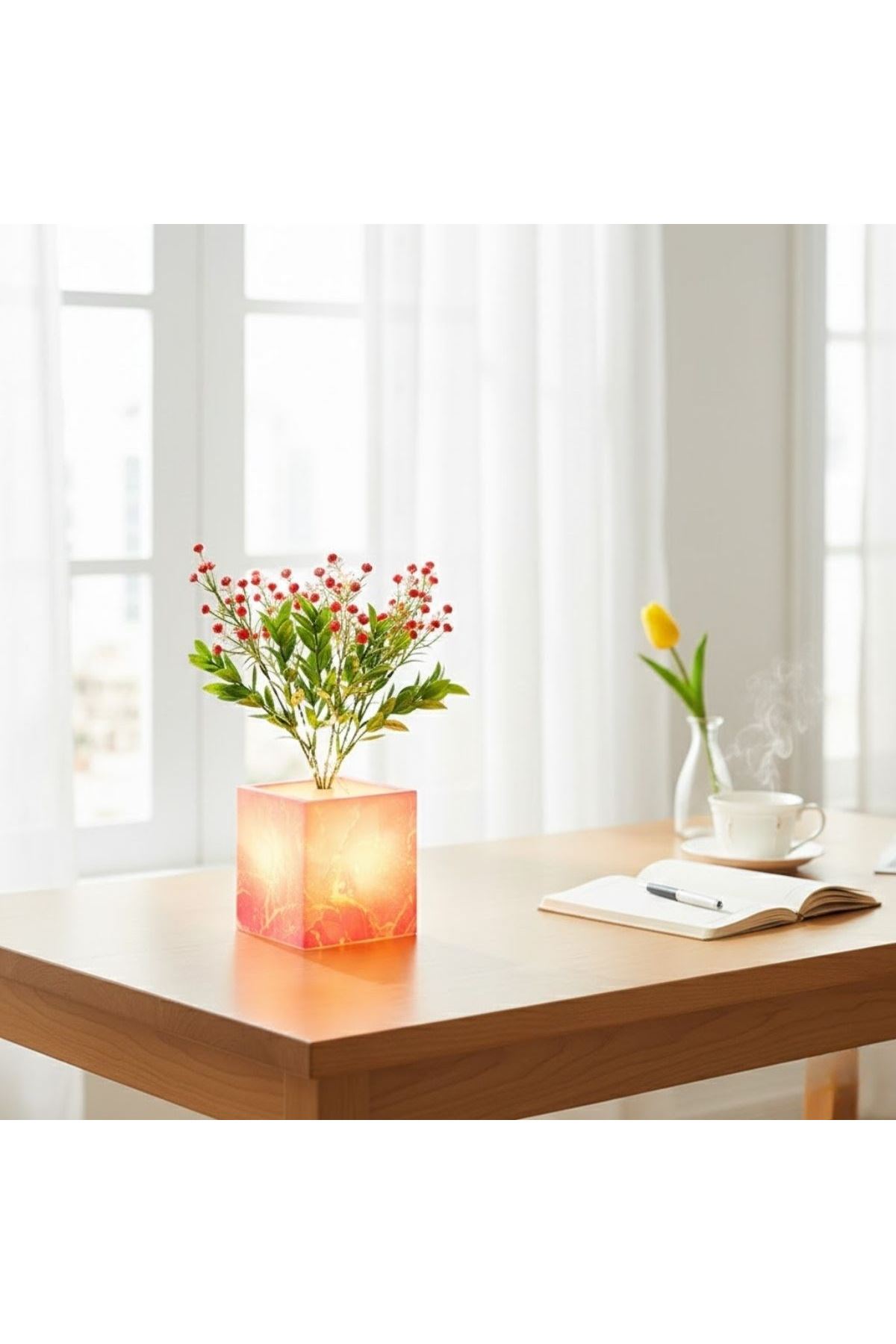 Işıklı Yapay Çiçek – Pembe Saksılı LED Dekoratif Bitki, Masaüstü ve Ev Ofis Aydınlatmalı Süs Bitkisi