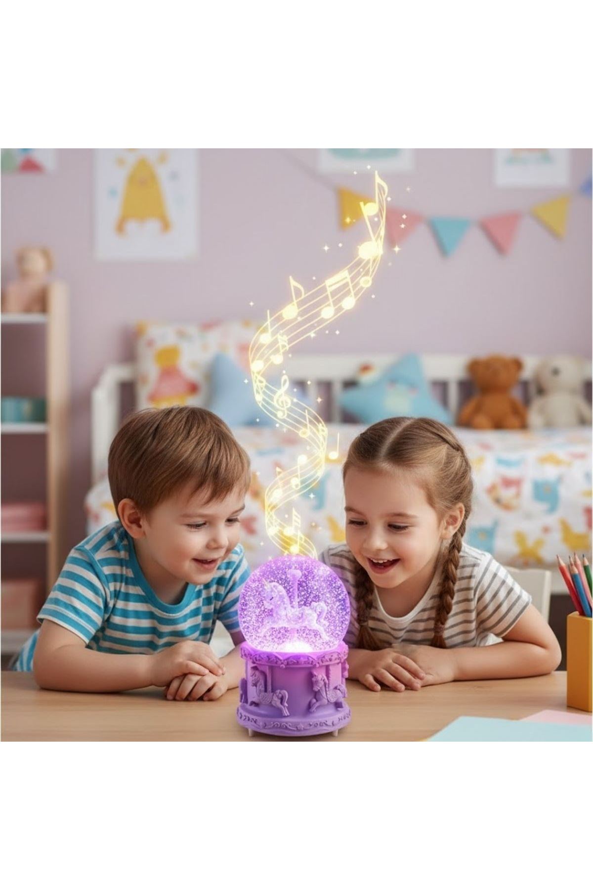 Pilli Işıklı Müzikli Kar Küresi–At Figürlü Eğlenceli Masaüstü Biblo, LED Aydınlatmalı Dekoratif Hediyelik Kar Küresi