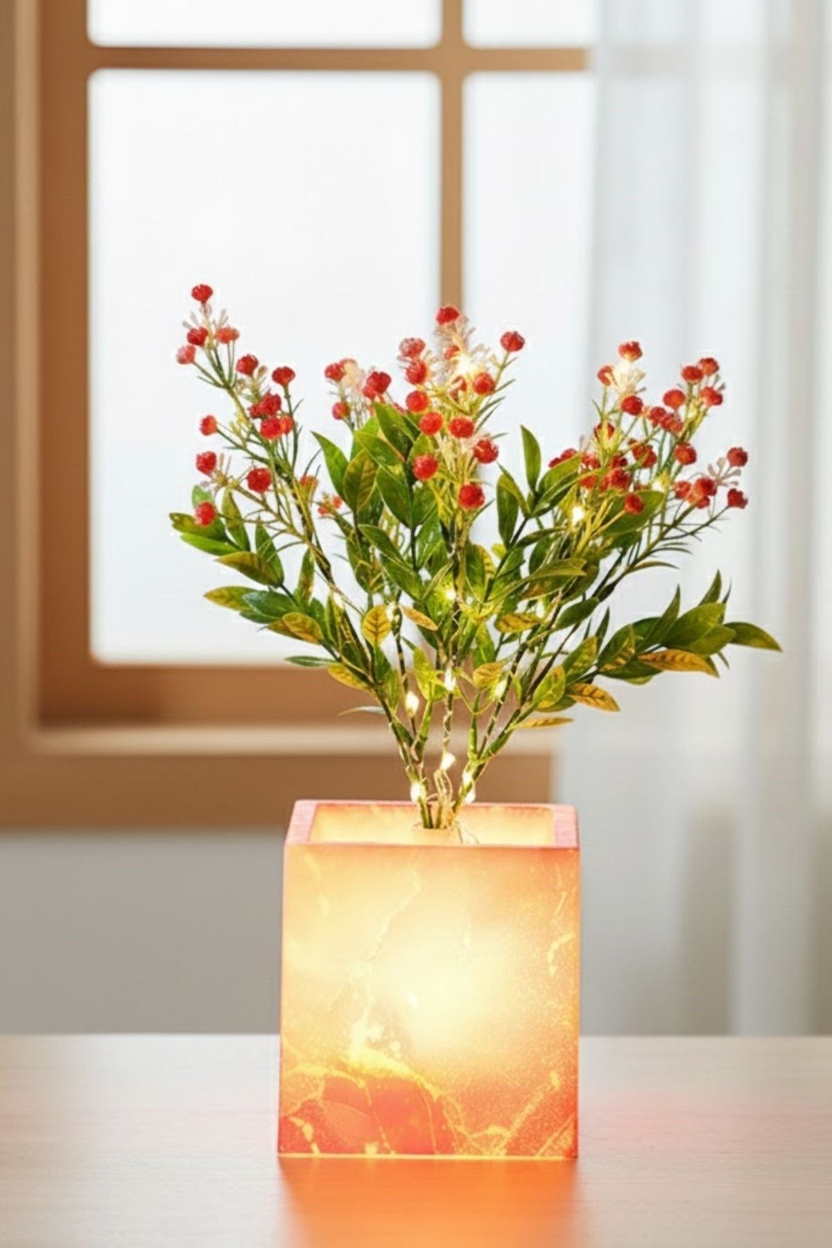 Işıklı Yapay Çiçek – Pembe Saksılı LED Dekoratif Bitki, Masaüstü ve Ev Ofis Aydınlatmalı Süs Bitkisi