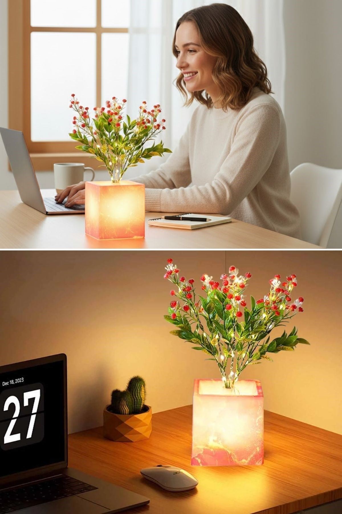 Işıklı Yapay Çiçek – Pembe Saksılı LED Dekoratif Bitki, Masaüstü ve Ev Ofis Aydınlatmalı Süs Bitkisi