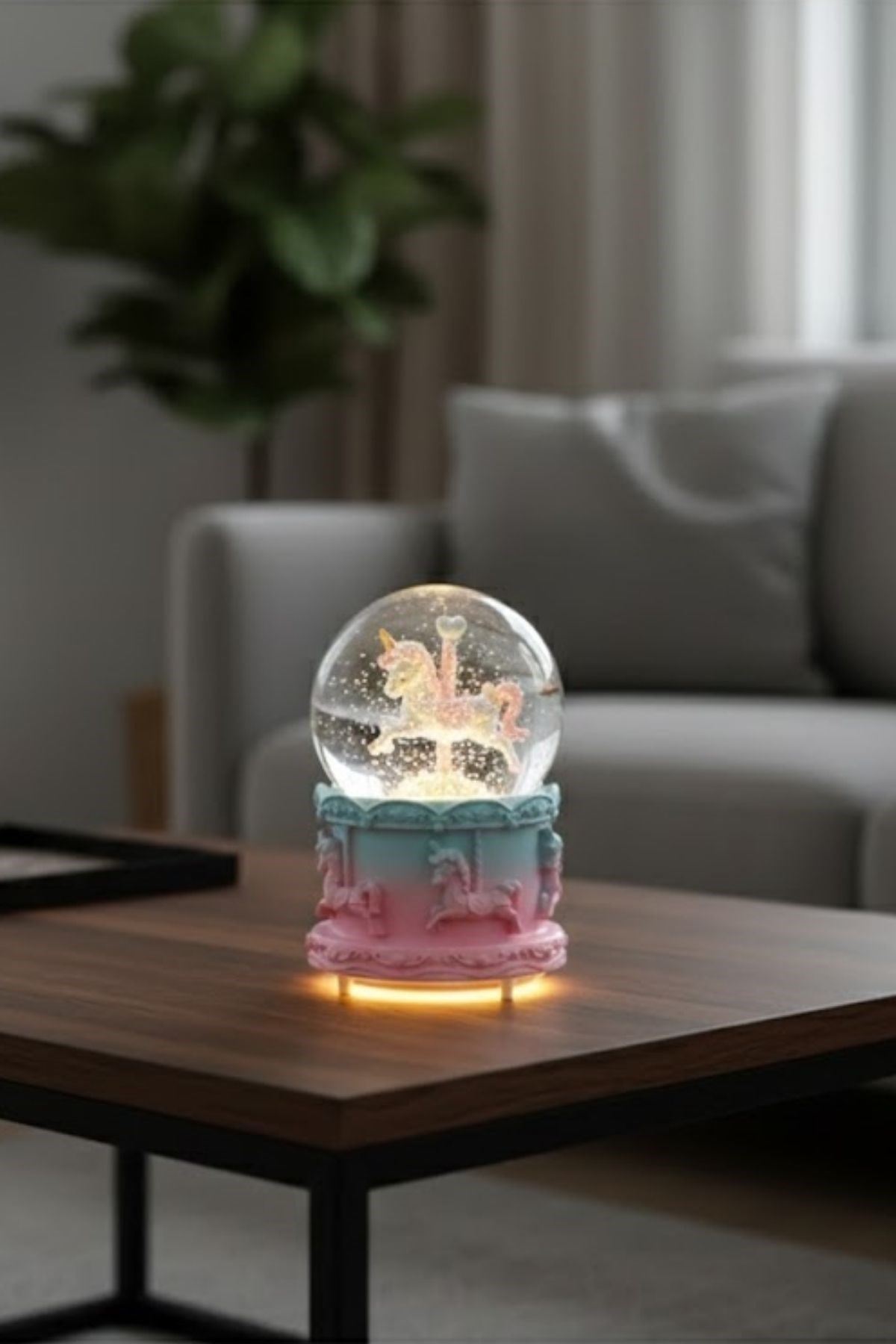 Pilli Işıklı Müzikli Kar Küresi–At Figürlü Eğlenceli Masaüstü Biblo, LED Aydınlatmalı Dekoratif Hediyelik Kar Küresi