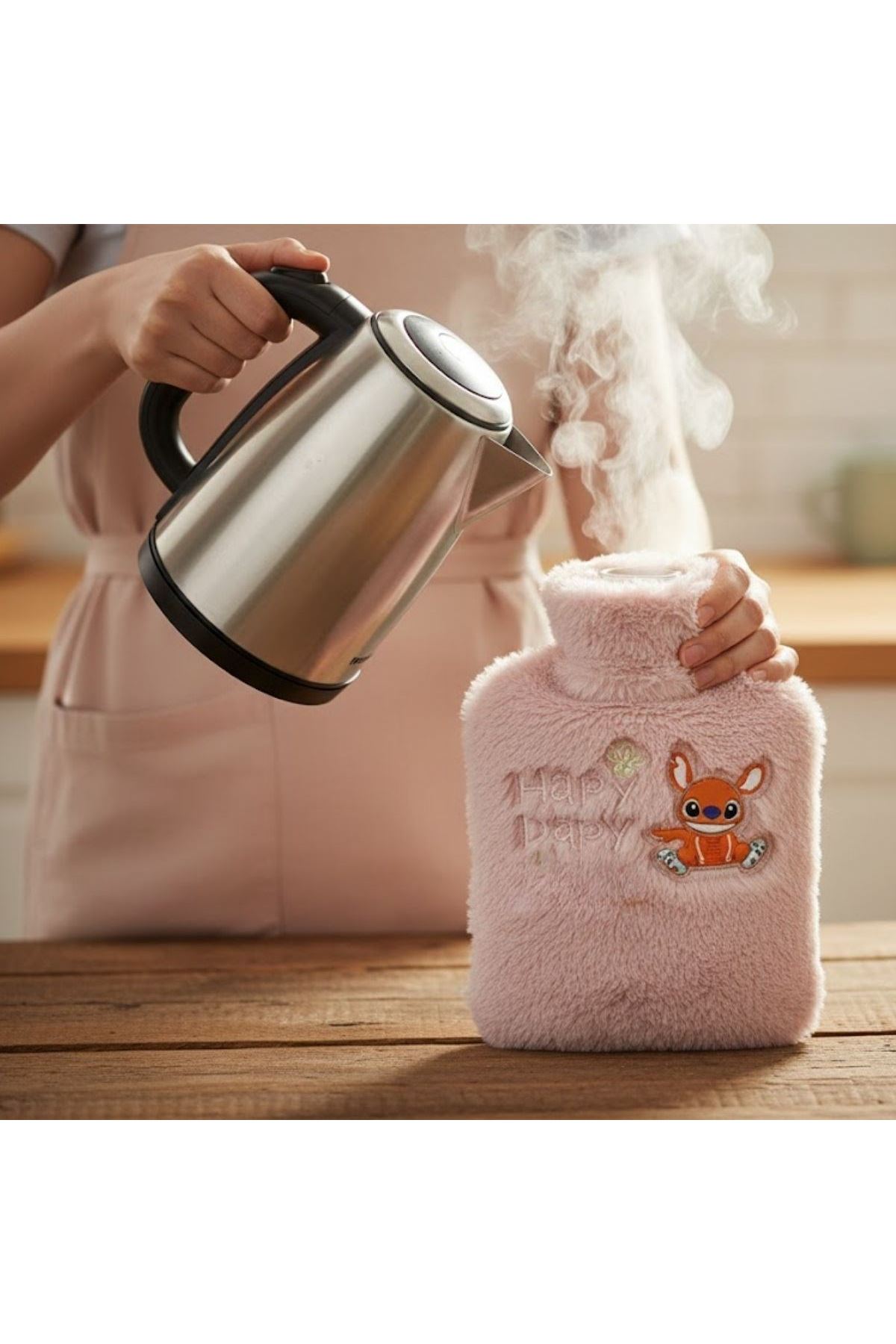 Mutlu Robot Hayvan Figürlü Pembe Peluş Sıcak Su Torbası 1 Lt – Yumuşak Kılıf, Uzun Süre Sıcak Tutan Termal Su Torbası