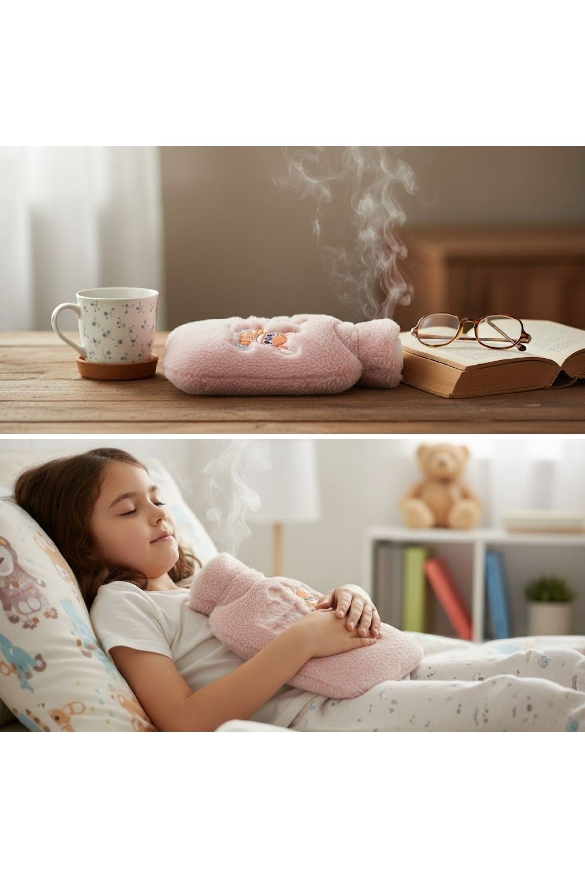 Mutlu Robot Hayvan Figürlü Pembe Peluş Sıcak Su Torbası 1 Lt – Yumuşak Kılıf, Uzun Süre Sıcak Tutan Termal Su Torbası