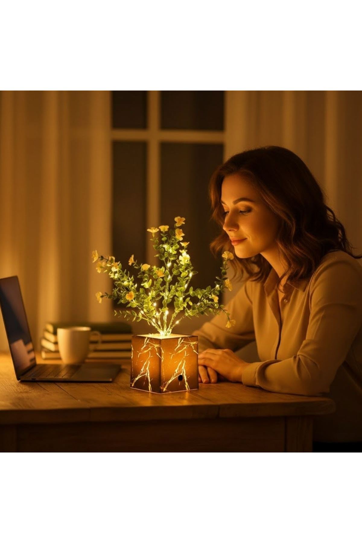 Işıklı Yapay Çiçek – Siyah Saksılı LED Dekoratif Bitki, Masaüstü ve Ev Ofis Aydınlatmalı Süs Bitkisi