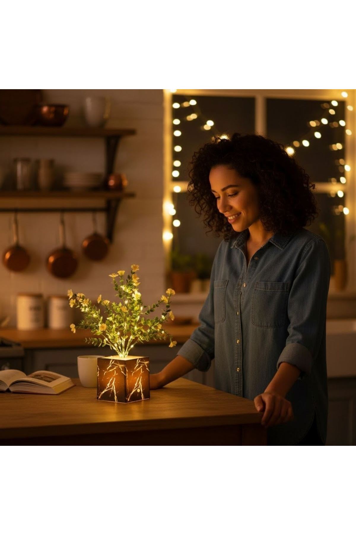 Işıklı Yapay Çiçek – Siyah Saksılı LED Dekoratif Bitki, Masaüstü ve Ev Ofis Aydınlatmalı Süs Bitkisi