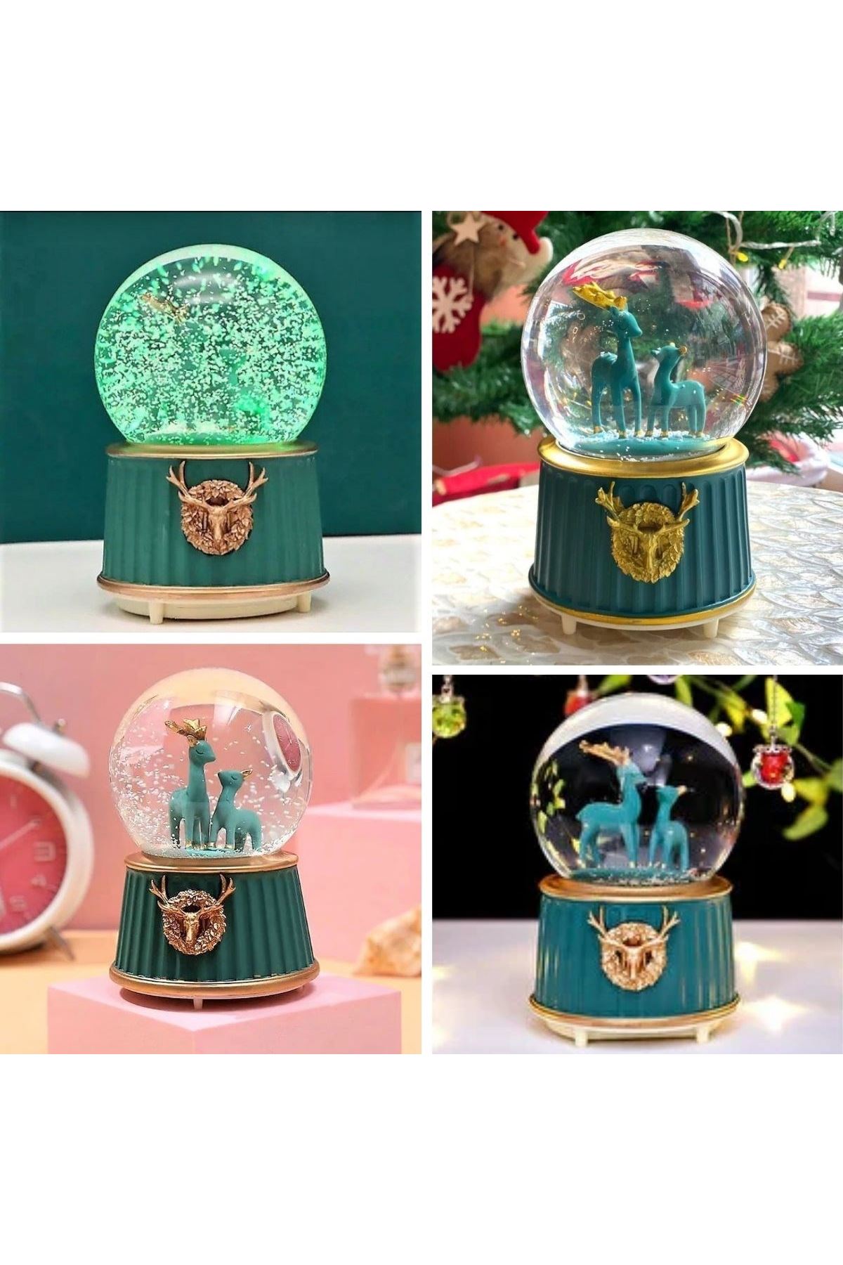 Pilli Işıklı Müzikli Kar Küresi–İki Geyikli Yeşil Figürlü Eğlenceli Masaüstü Biblo, LED Aydınlatmalı Dekoratif Hediyelik Kar Küresi