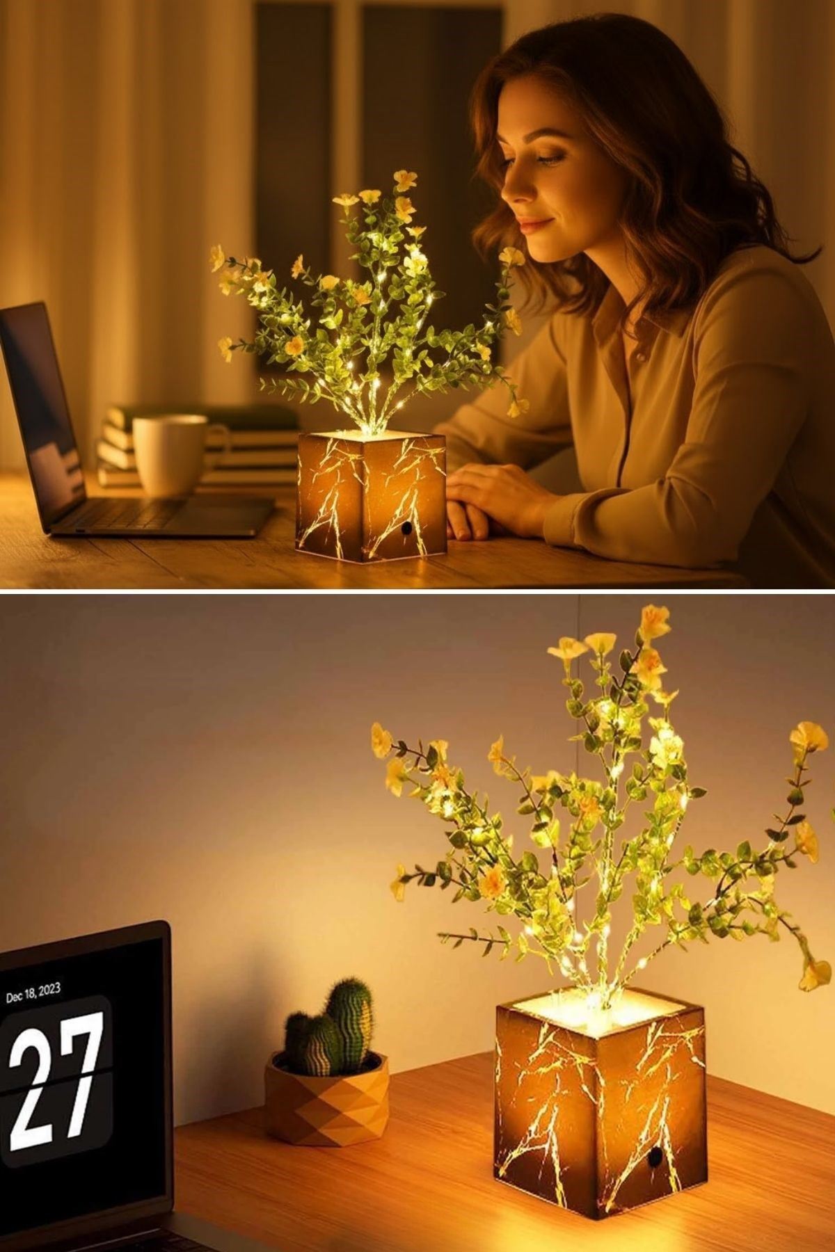 Işıklı Yapay Çiçek – Siyah Saksılı LED Dekoratif Bitki, Masaüstü ve Ev Ofis Aydınlatmalı Süs Bitkisi