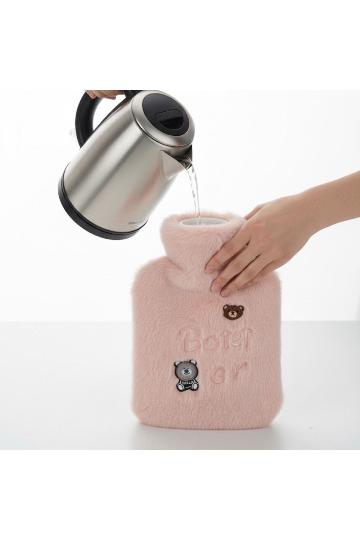 Işıklı Ayıcıklı Figürlü Pembe Peluş Sıcak Su Torbası 1 Lt – Yumuşak Kılıf, Uzun Süre Sıcak Tutan Termal Su Torbası