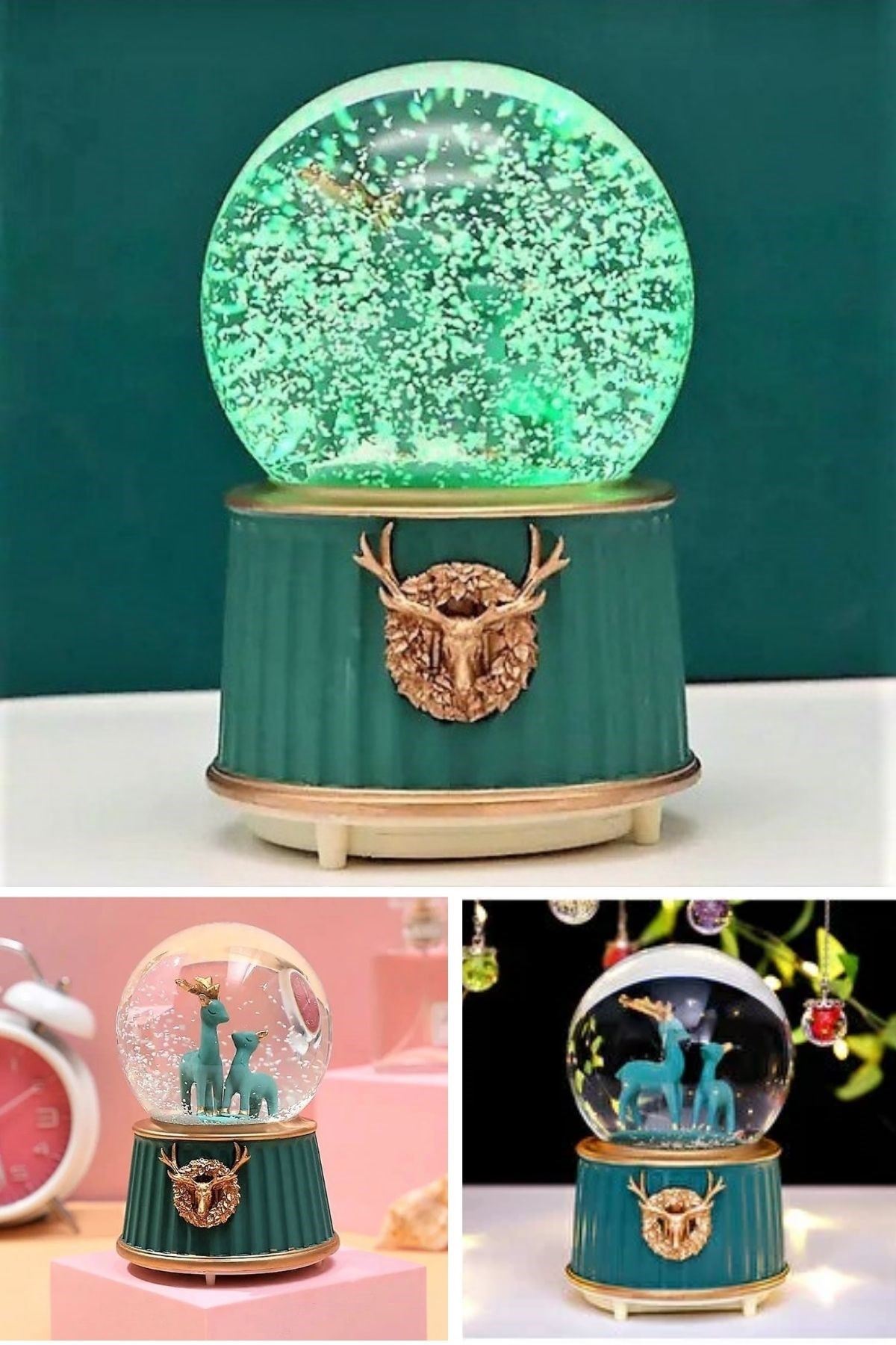 Pilli Işıklı Müzikli Kar Küresi–İki Geyikli Yeşil Figürlü Eğlenceli Masaüstü Biblo, LED Aydınlatmalı Dekoratif Hediyelik Kar Küresi