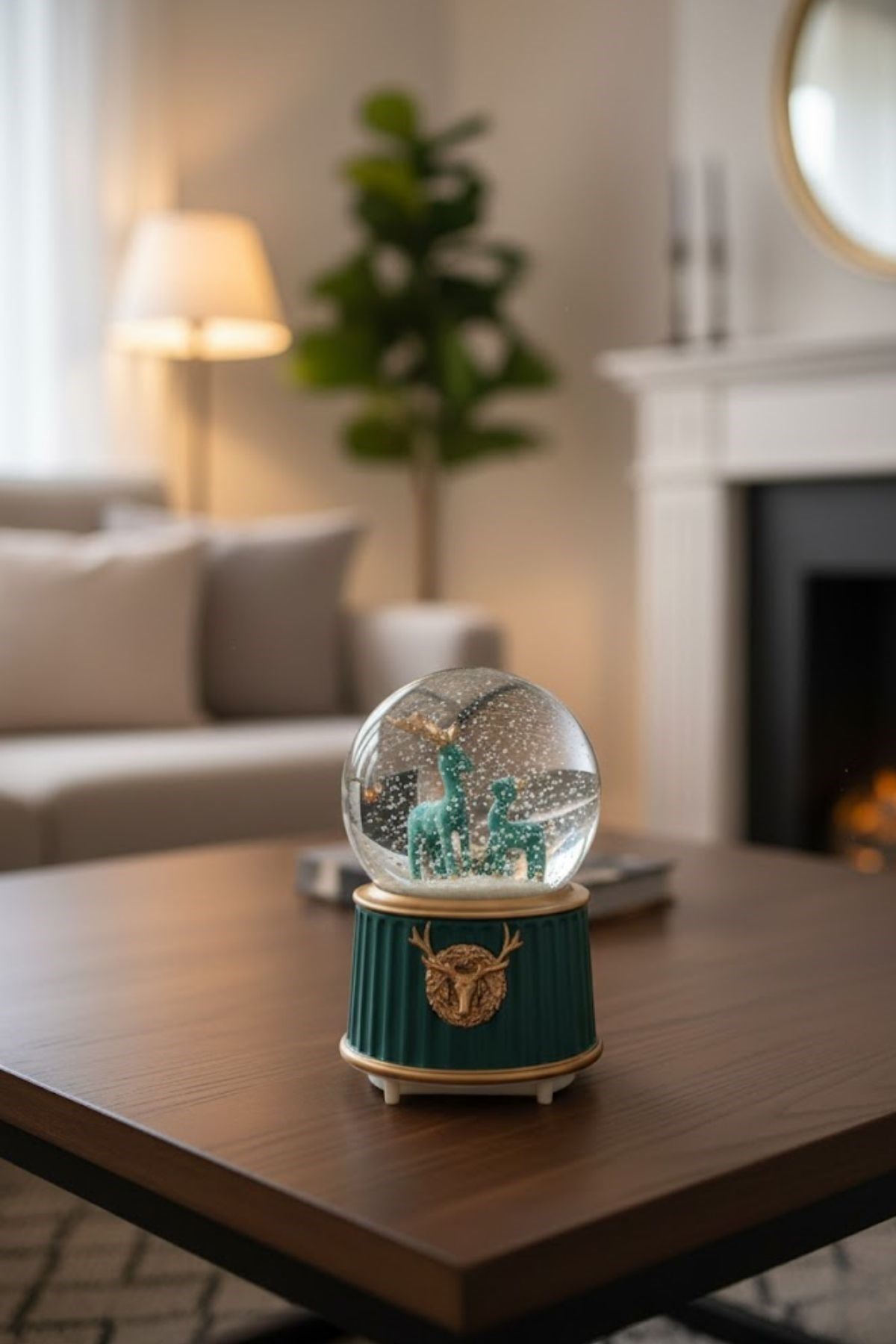 Pilli Işıklı Müzikli Kar Küresi–İki Geyikli Yeşil Figürlü Eğlenceli Masaüstü Biblo, LED Aydınlatmalı Dekoratif Hediyelik Kar Küresi