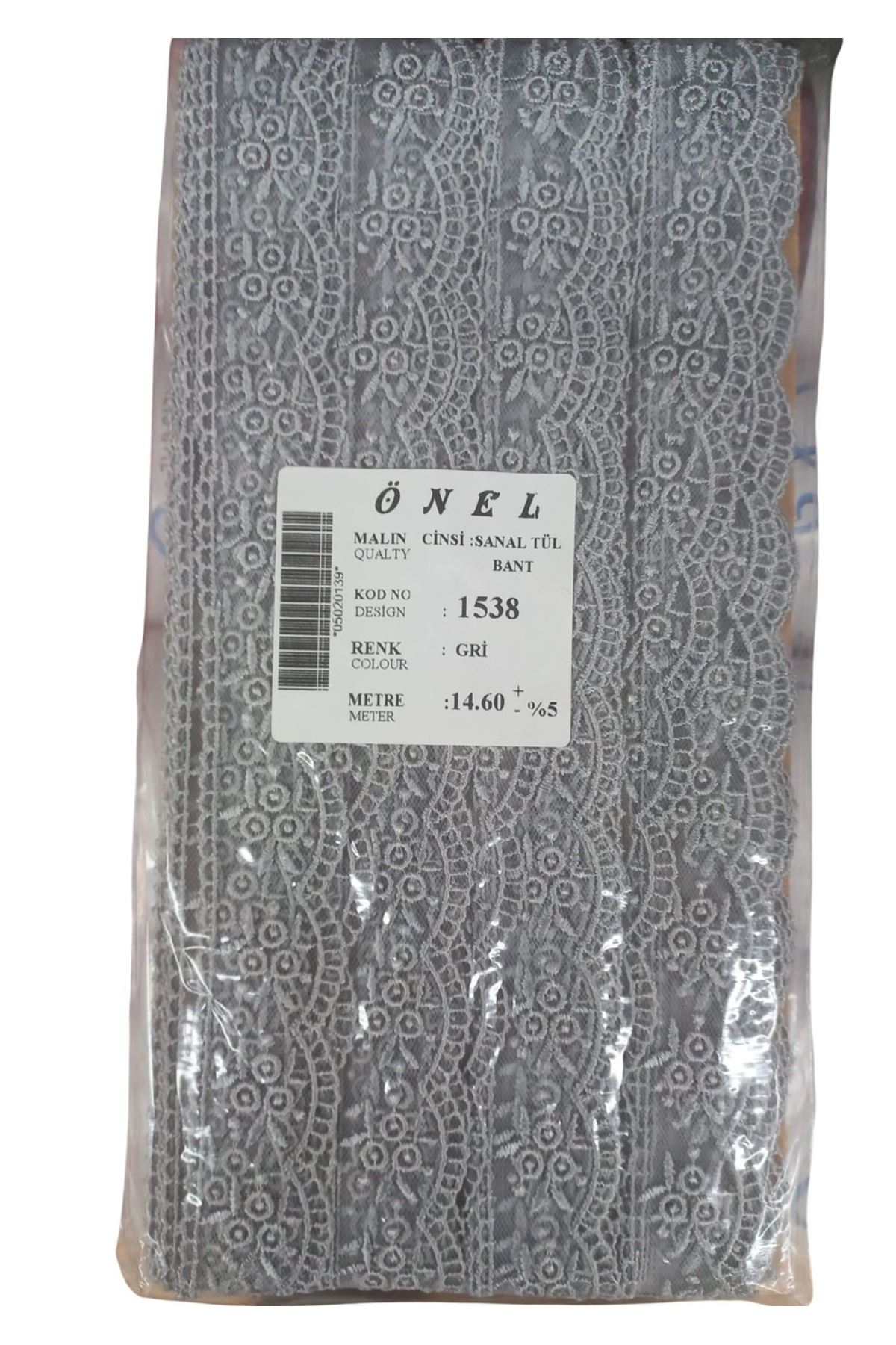 Dantel Polyester Sanal Tül Bant Gri 14,60 Metre En 3 Cm On-1538-g