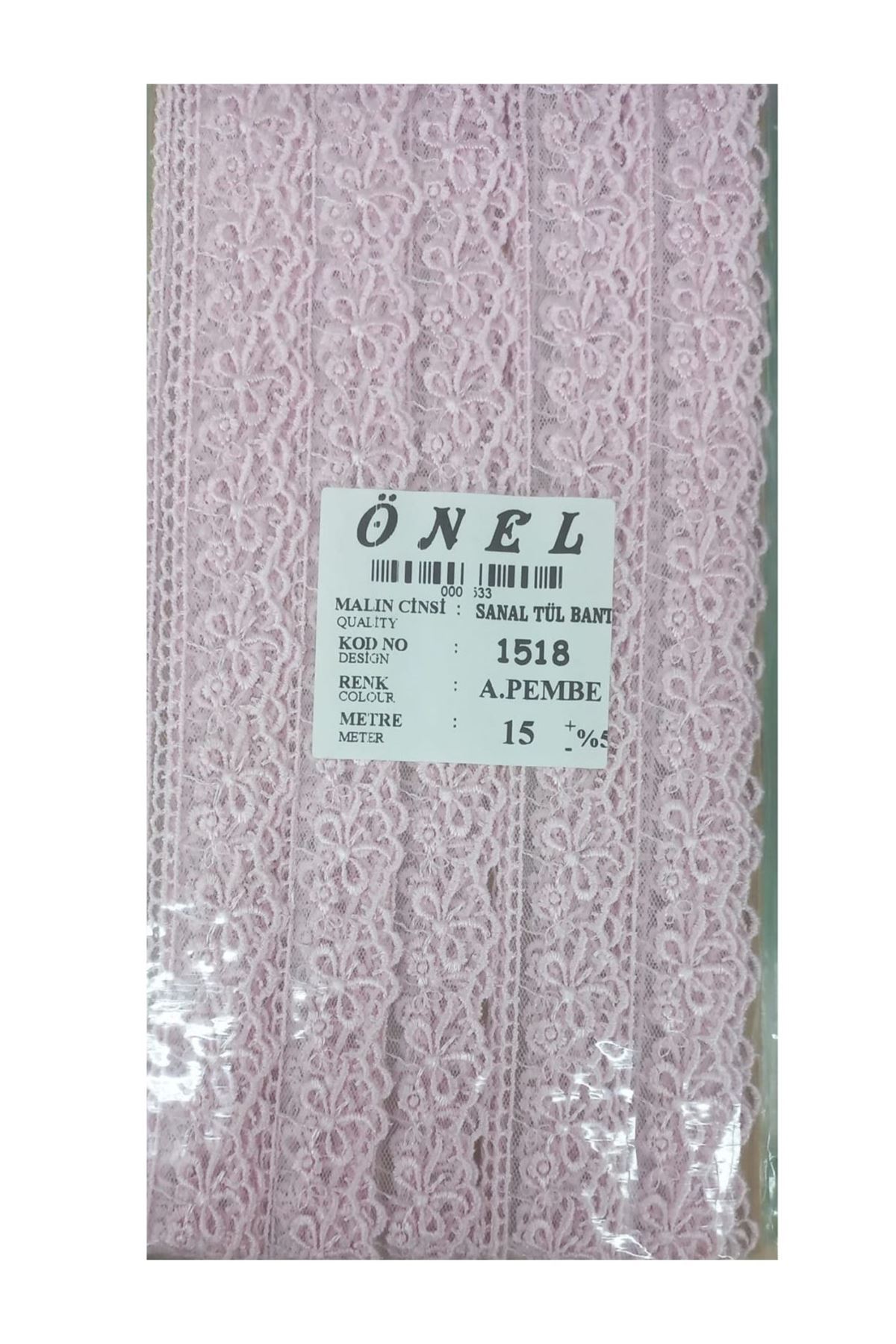 Dantel Polyester Sanal Tül Bant Açık Pembe 15 Metre En 3 Cm On-1518-ap
