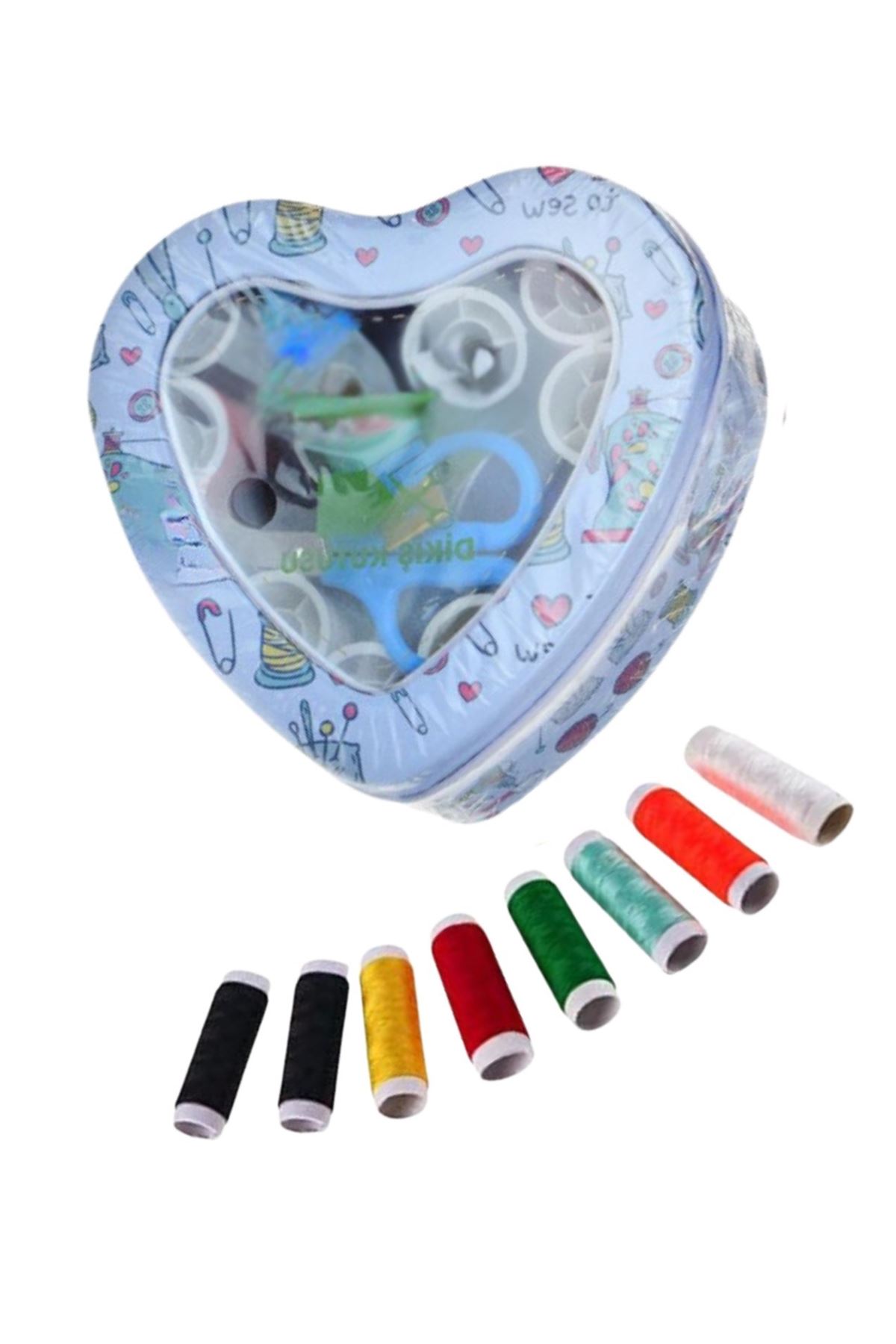 İplik Set Teneke Kutu Kalpli Dikiş Seti
