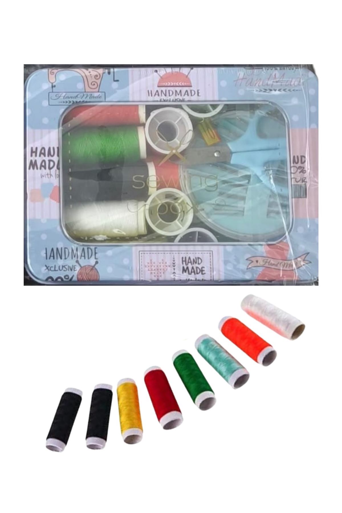 İplik Set Teneke Kutu Kare Plastik Dikiş Seti