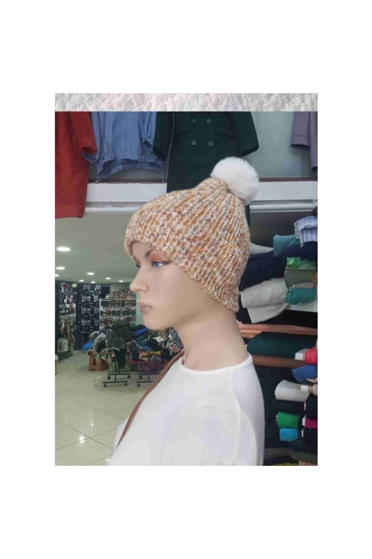 El Örgüsü Doğal Yün Ve Akrilik Karışımlı Sıcacık Kış Beresi Açık Kahve Karışımlı Renk