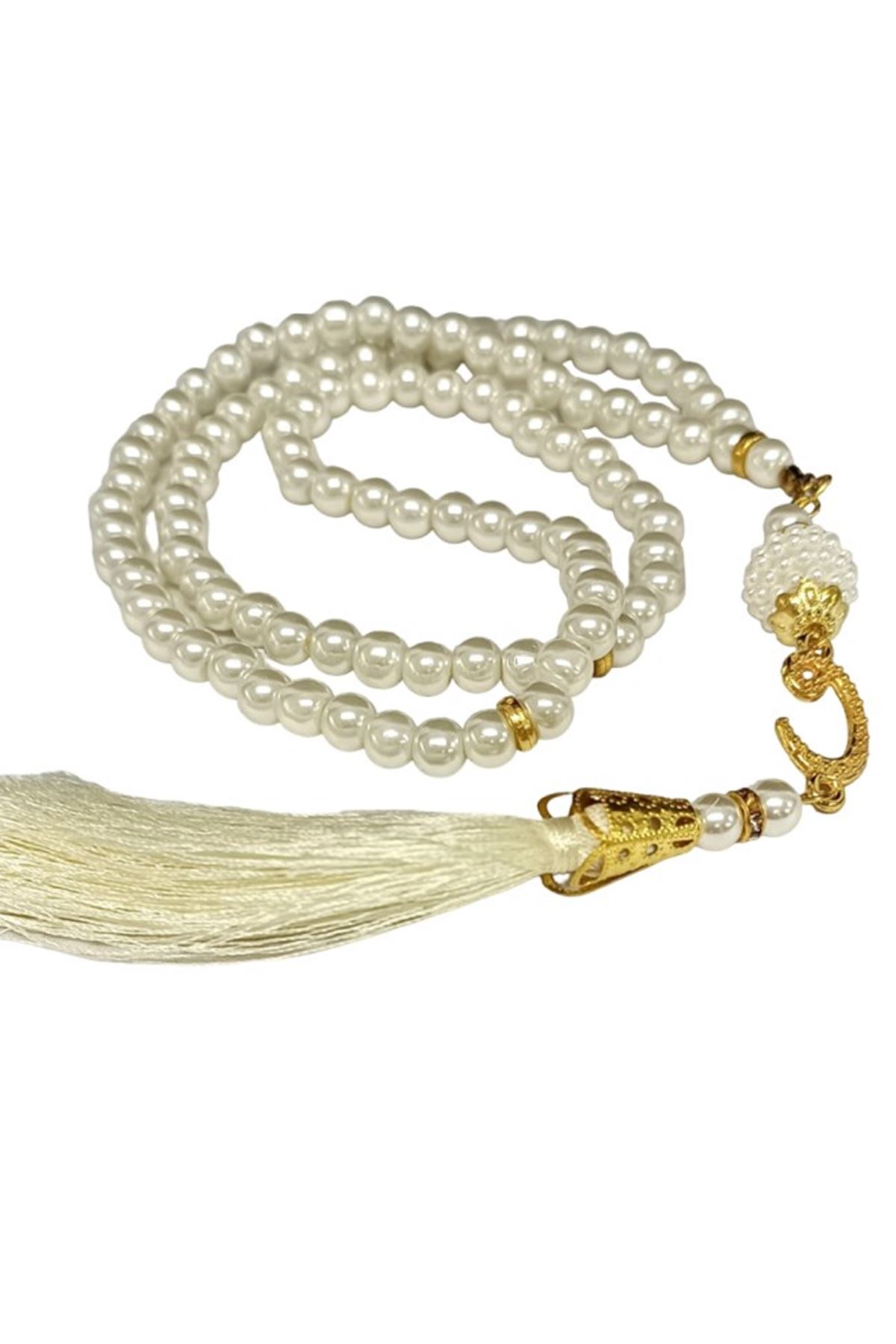 Namaz Tesbihi Vavlı 99'lu Cam İncili Ayet-el Kürsi Dua Kartı İle Krem Renk Hediyelik