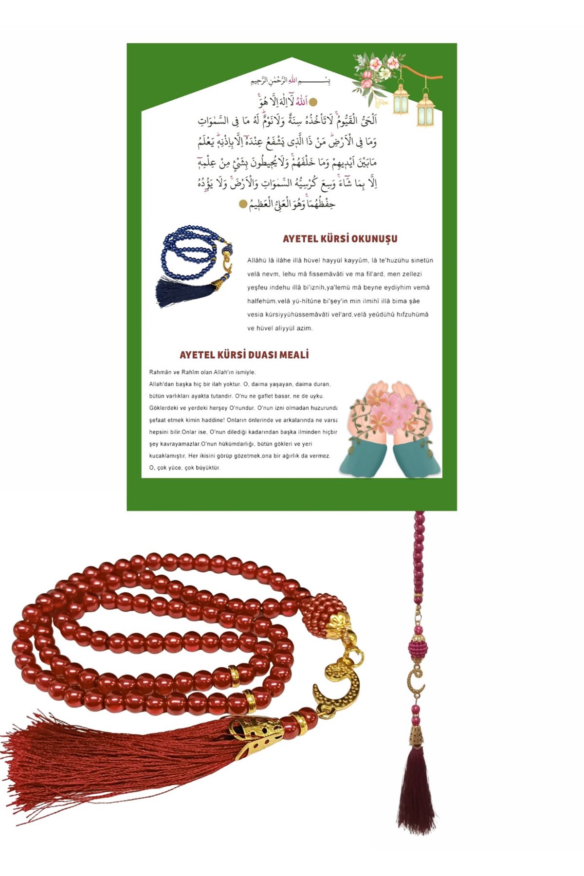 Namaz Tesbihi Vavlı 99'lu Cam İncili Ayet-el Kürsi Dua Kartı İle Fuşya Renk Hediyelik