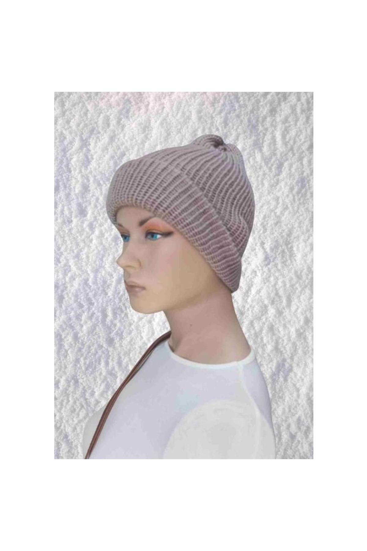 El Örgüsü Doğal Yün Ve Akrilik Karışımlı Sıcacık Kış Beresi Vizon Renk