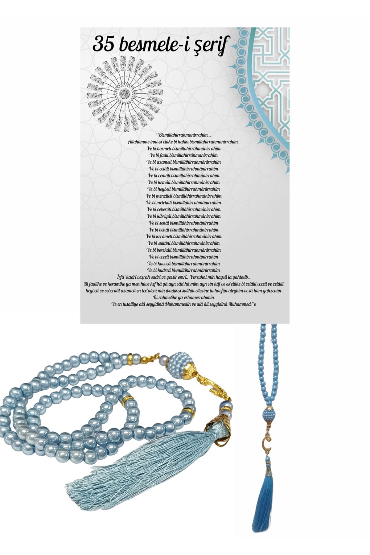 Namaz Tesbihi Vavlı 99'lu Cam İncili 35 Besmele-i Şerif Dua Kartı İle Mavi Renk Hediyelik
