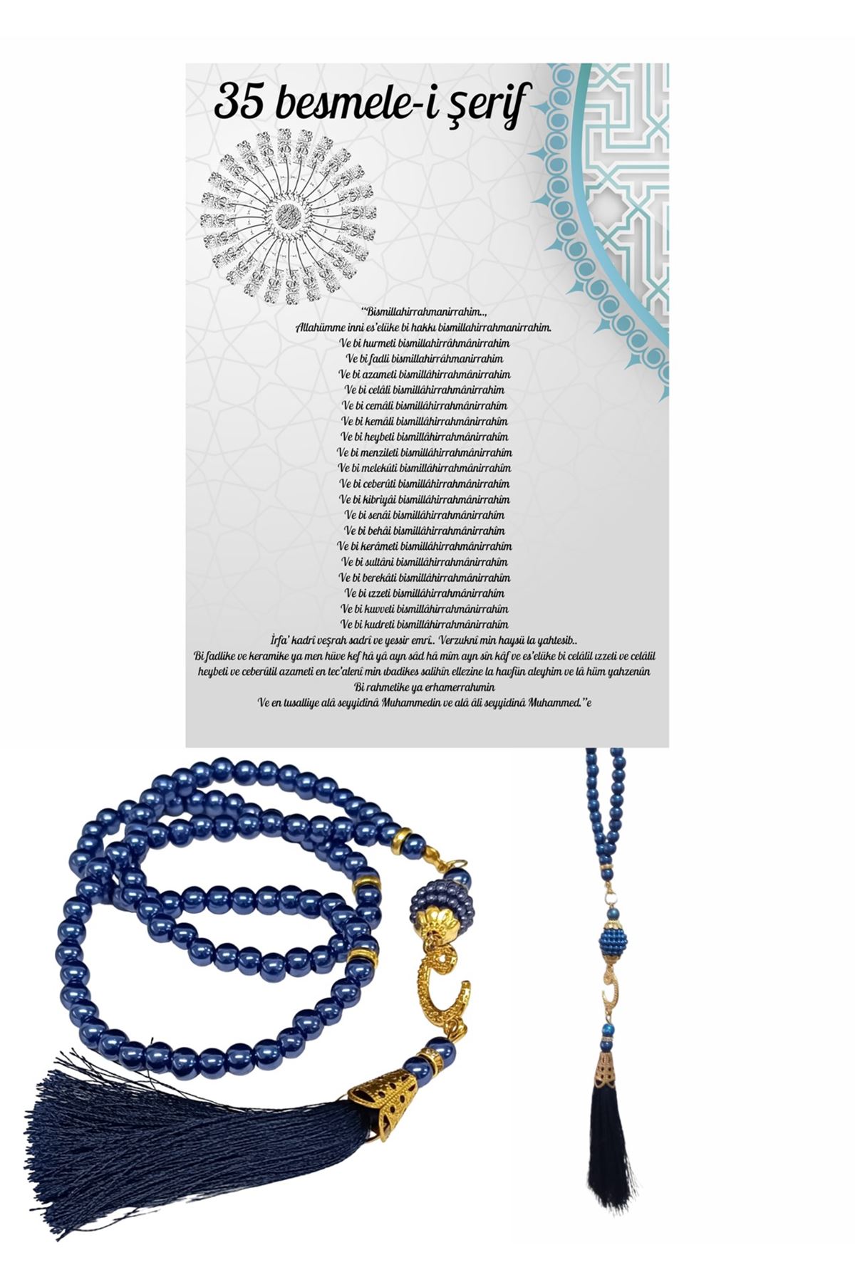 Namaz Tesbihi Vavlı 99'lu Cam İncili 35 Besmele-i Şerif Dua Kartı İle Lacivert Renk Hediyelik