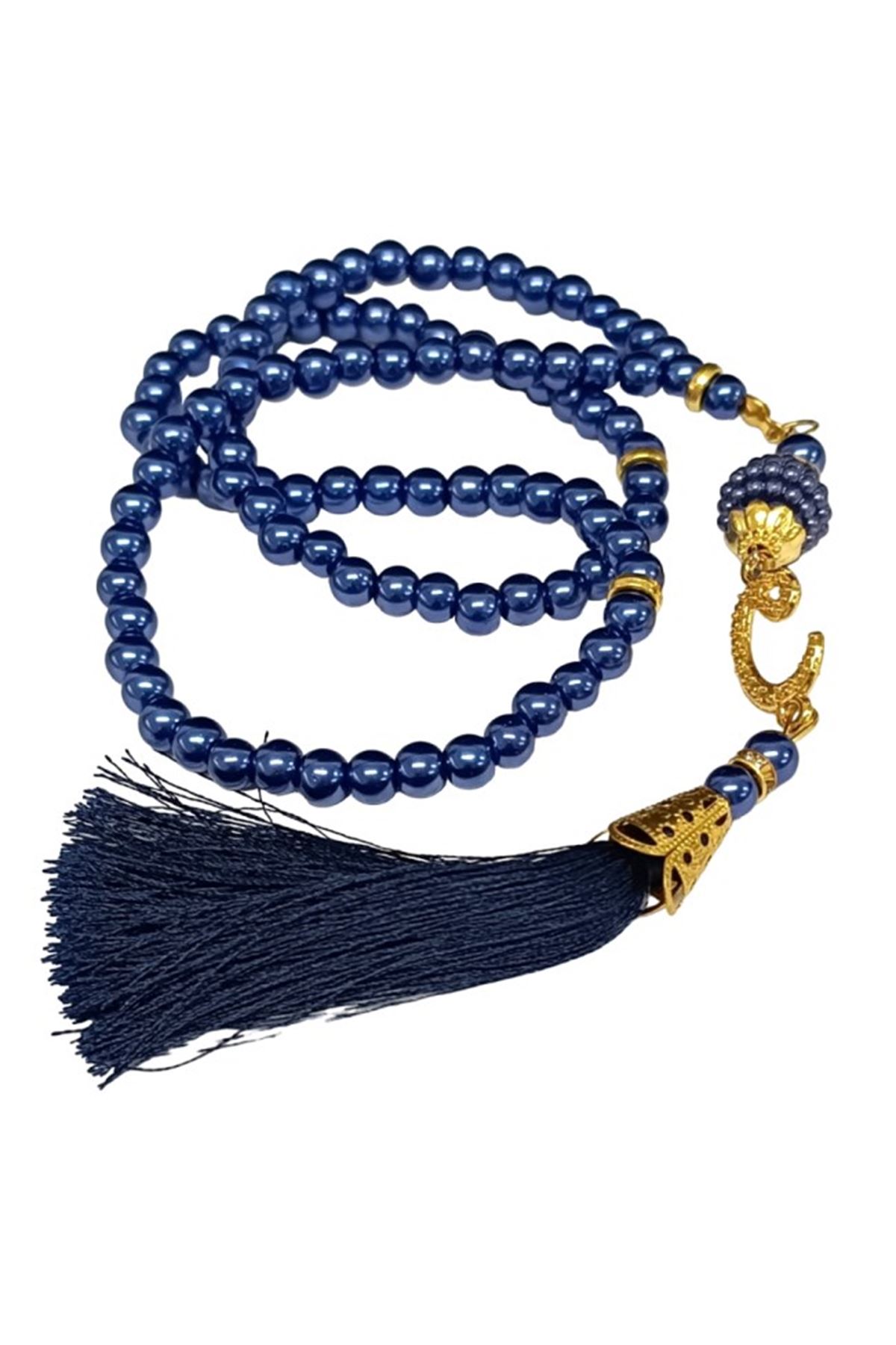 Namaz Tesbihi Vavlı 99'lu Cam İncili 35 Besmele-i Şerif Dua Kartı İle Lacivert Renk Hediyelik