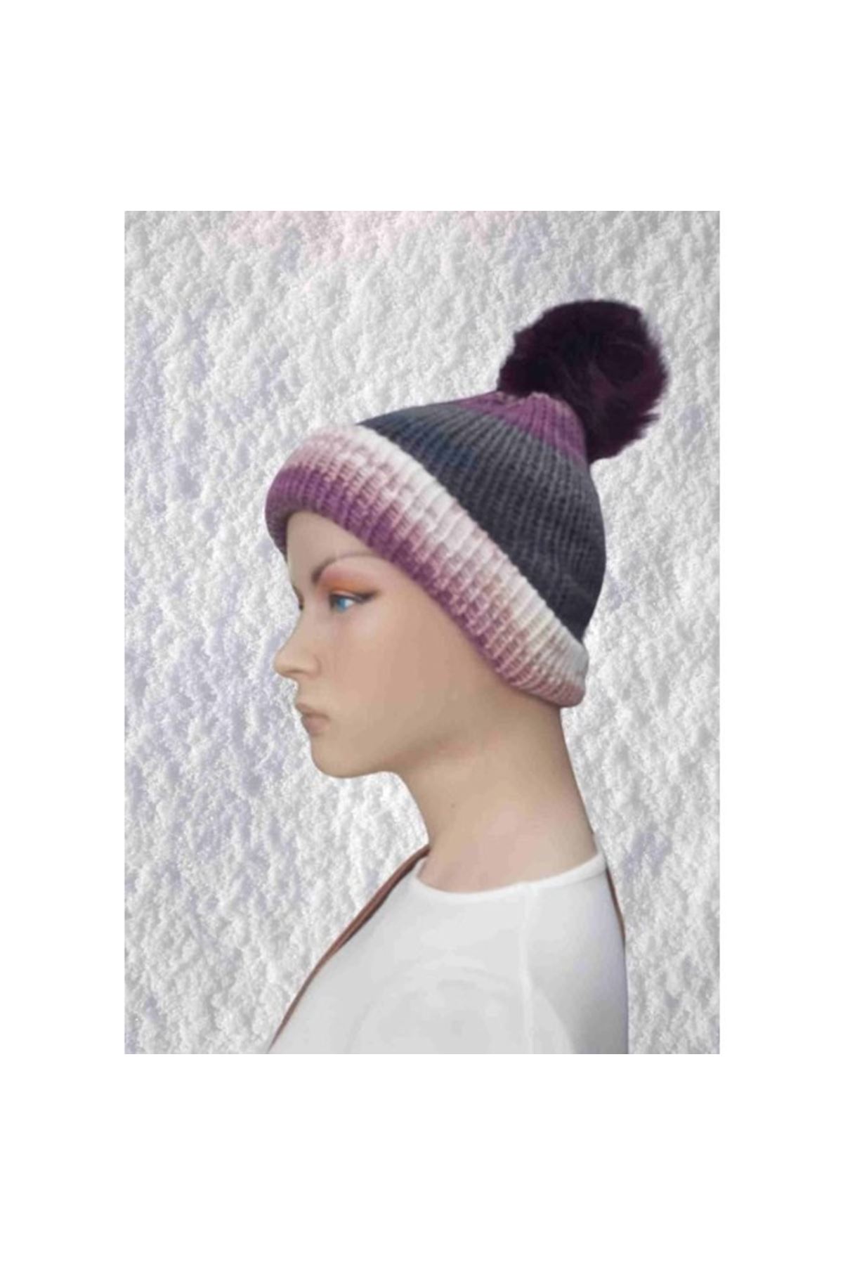 El Örgüsü Doğal Yün Ve Akrilik Karışımlı Sıcacık Kış Beresi Mor Gri Karışık Renk