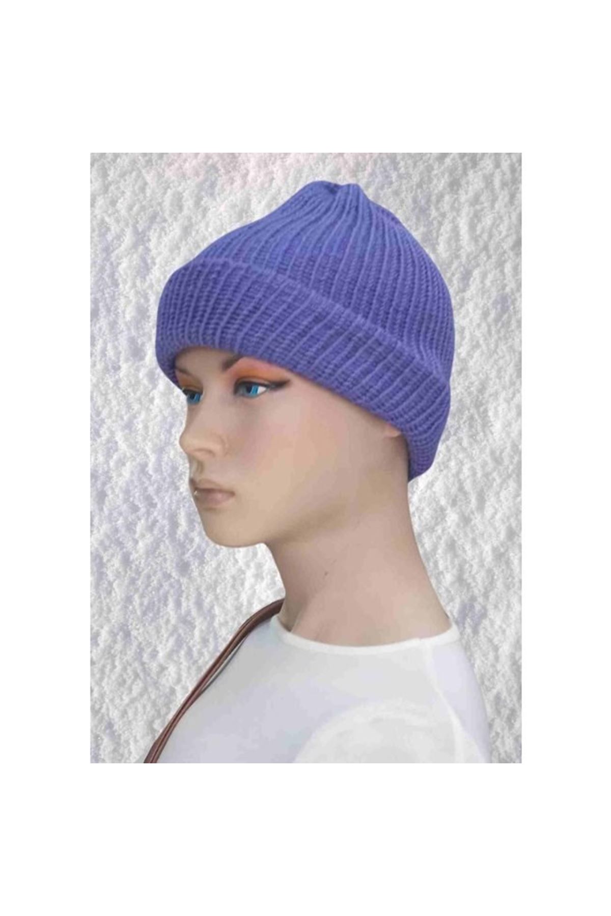 El Örgüsü Doğal Yün Ve Akrilik Karışımlı Sıcacık Kış Beresi Mor Renk