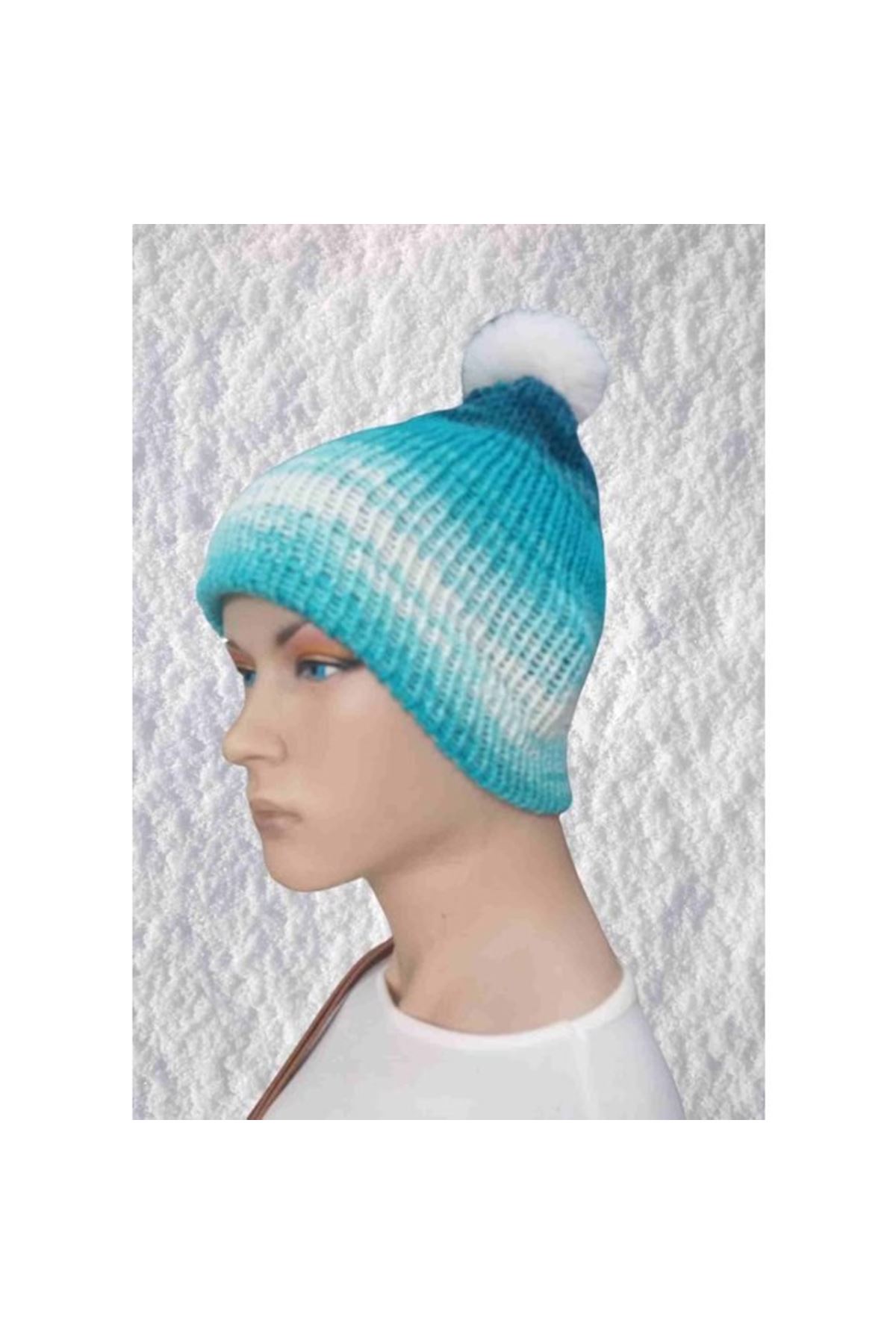 El Örgüsü Doğal Yün Ve Akrilik Karışımlı Sıcacık Kış Beresi Mavi Karışık Renk