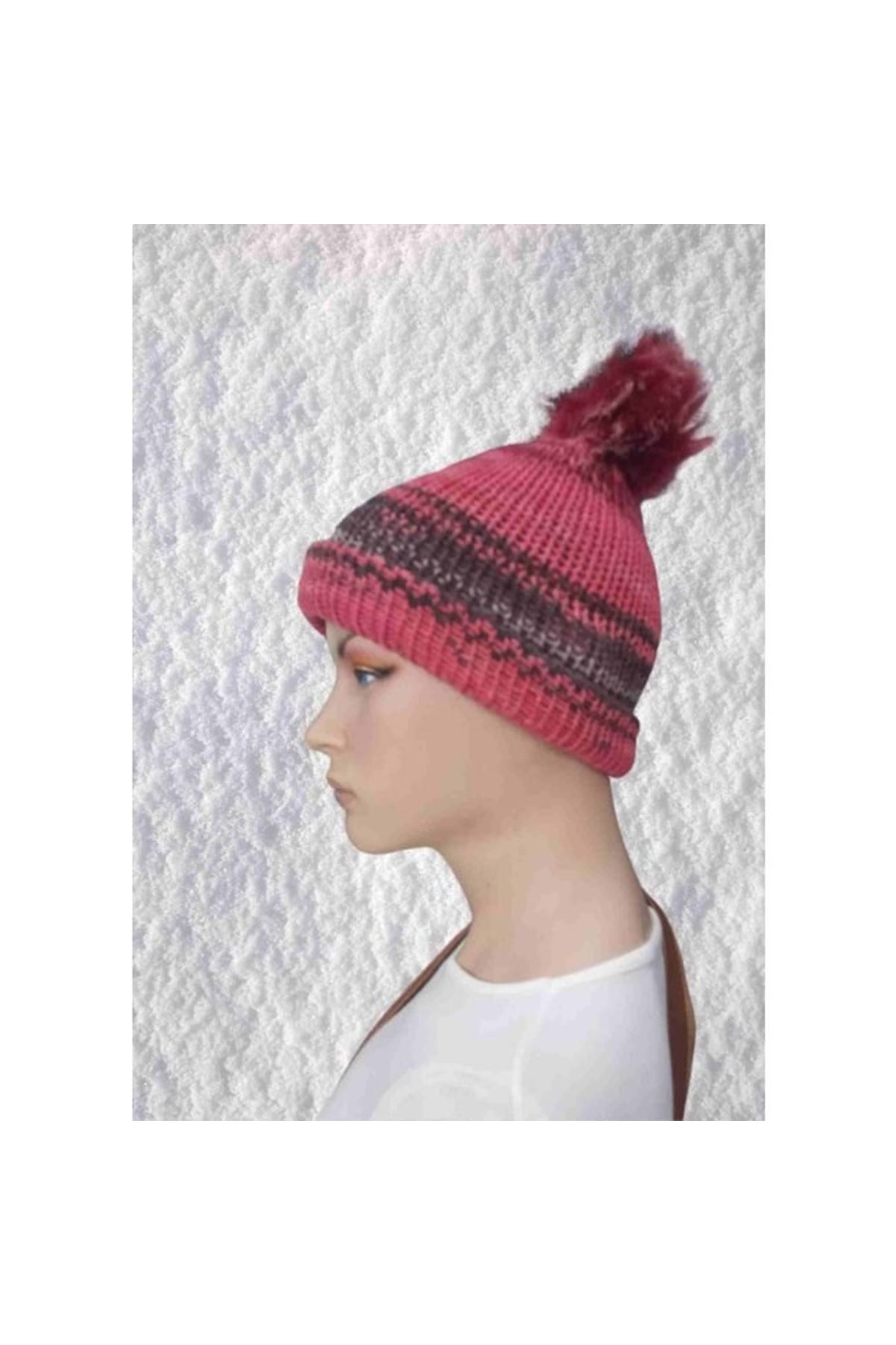 El Örgüsü Doğal Yün Ve Akrilik Karışımlı Sıcacık Kış Beresi Koyu Pembe Karışık