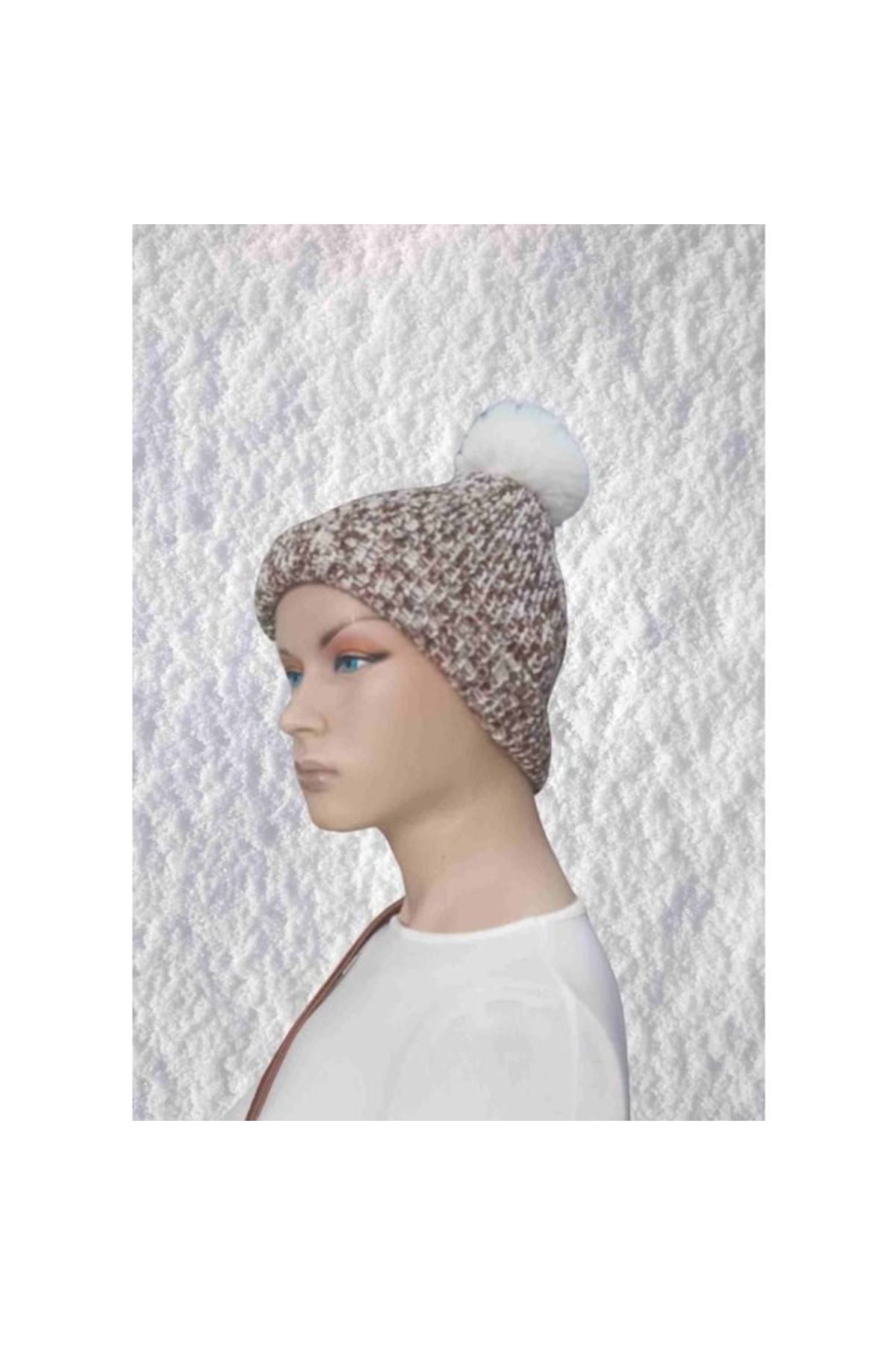 El Örgüsü Doğal Yün Ve Akrilik Karışımlı Sıcacık Kış Beresi Kahve-beyaz