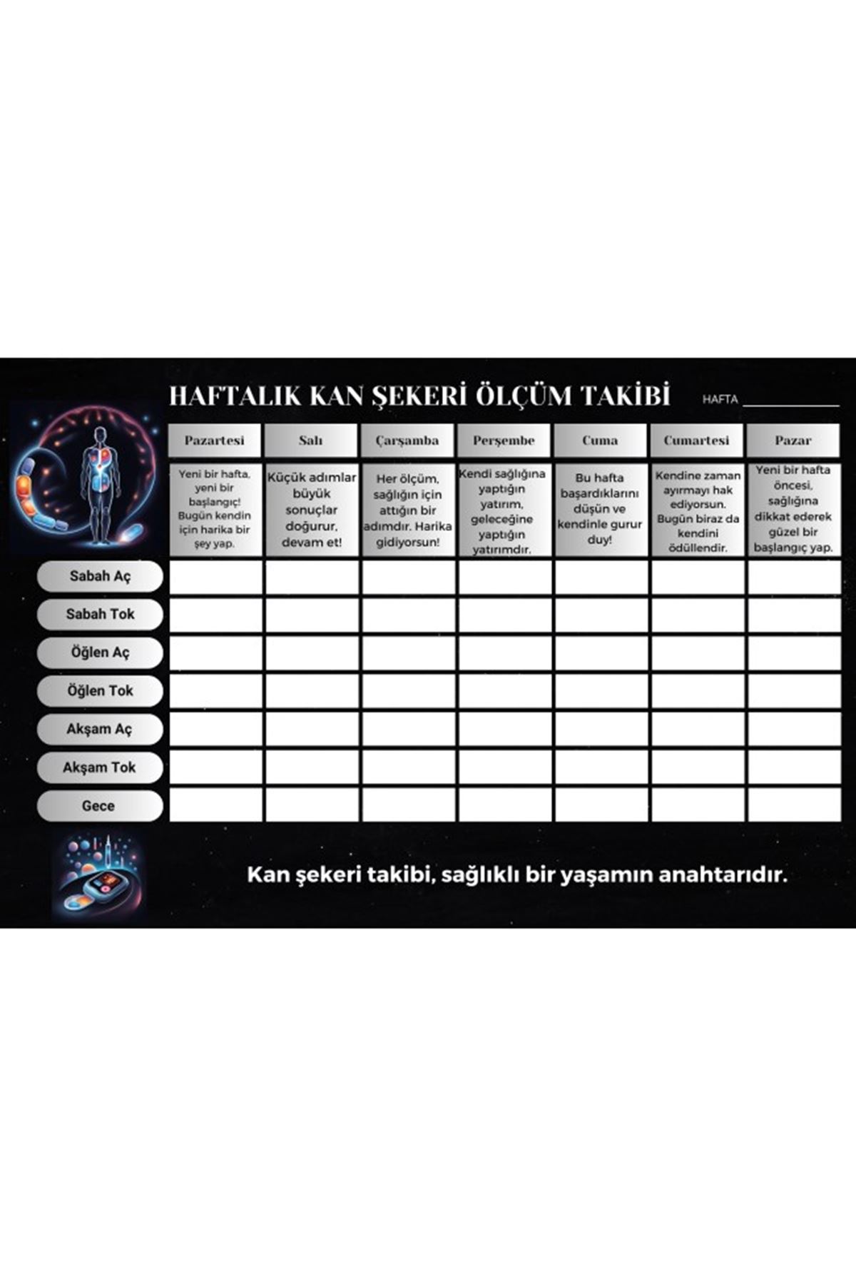 Diyabet Ölçüm Takip Çizelgesi Defteri A Kalite Özel Tasarım 3 Aylık A5 Siyah-beyaz