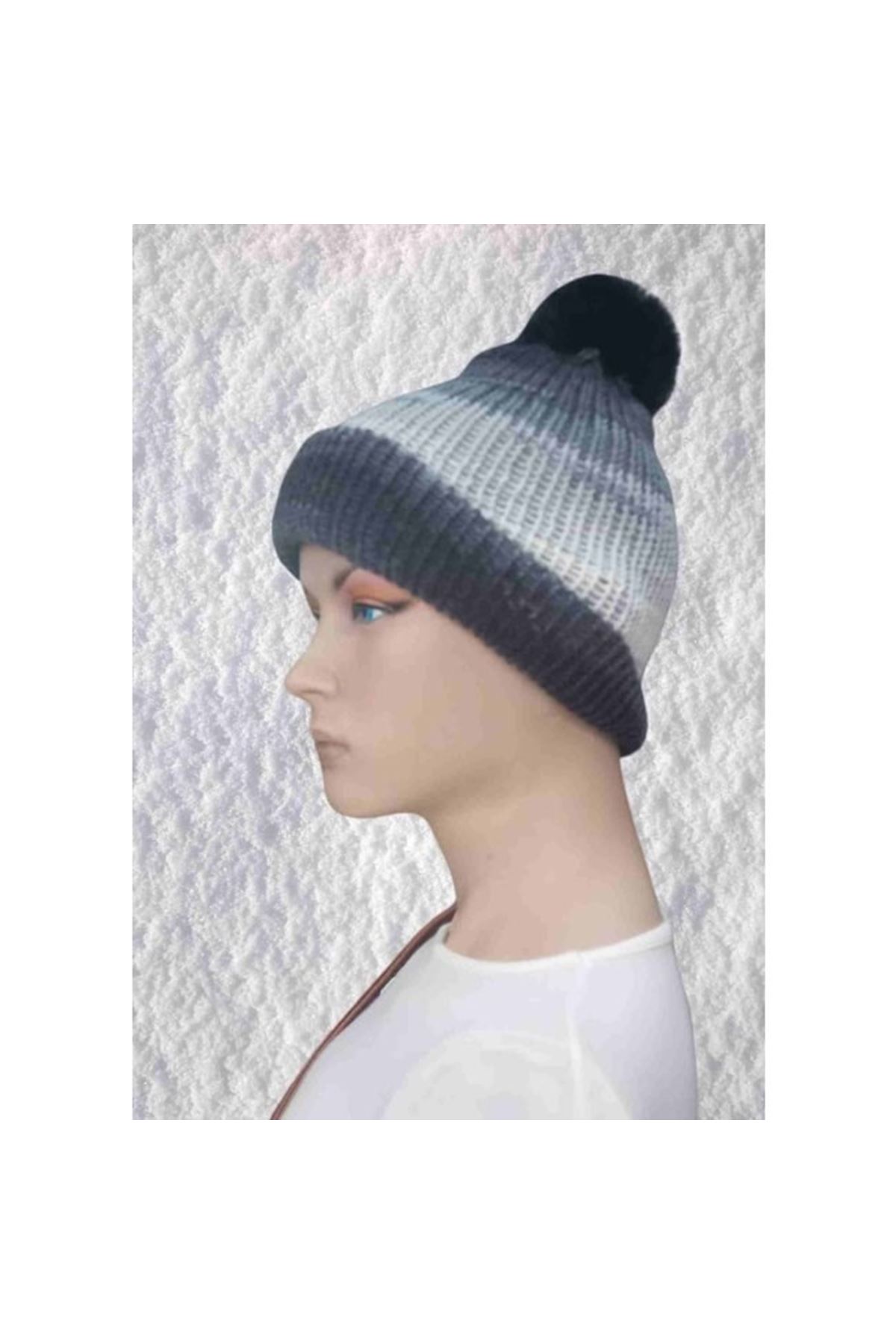 El Örgüsü Doğal Yün Ve Akrilik Karışımlı Sıcacık Kış Beresi Koyu Gri Karışık Renk