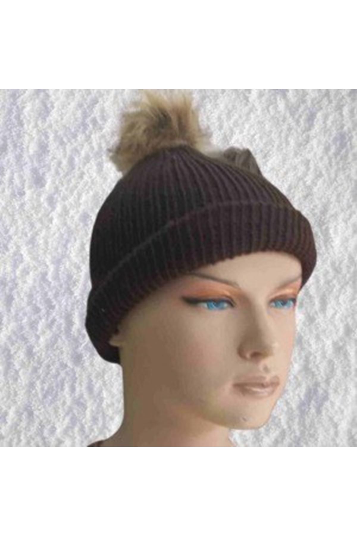 El Örgüsü Doğal Yün Ve Akrilik Karışımlı Sıcacık Kış Beresi Kahverengi Renk