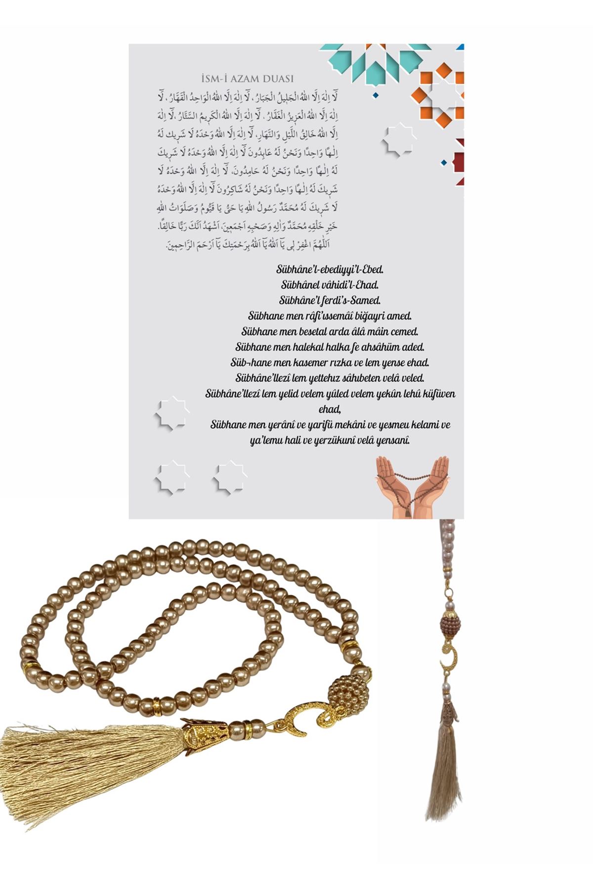 Namaz Tesbihi Vavlı 99'lu Cam İncili İsmi Azam Dua Kartı İle Süt Kahve Renk Hediyelik