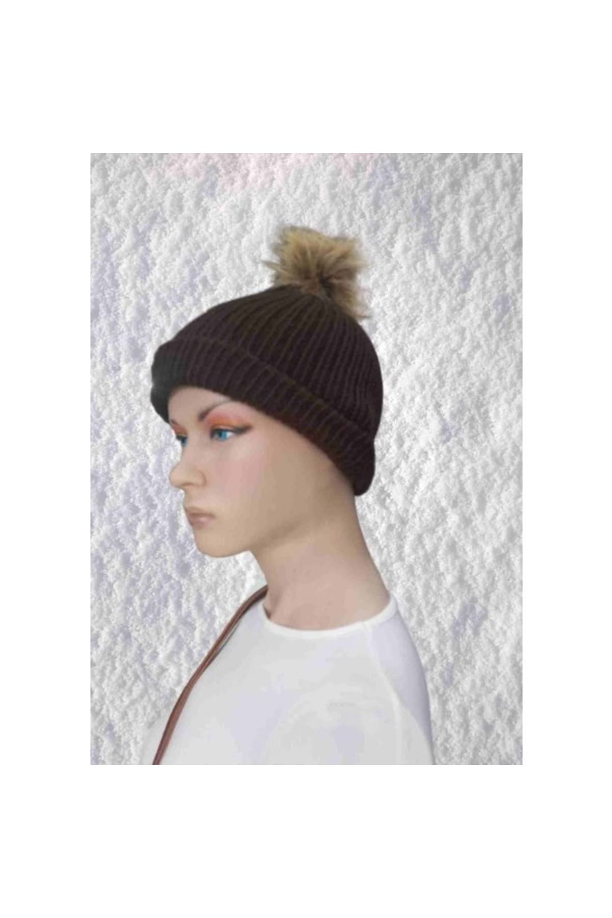 El Örgüsü Doğal Yün Ve Akrilik Karışımlı Sıcacık Kış Beresi Kahverengi Renk