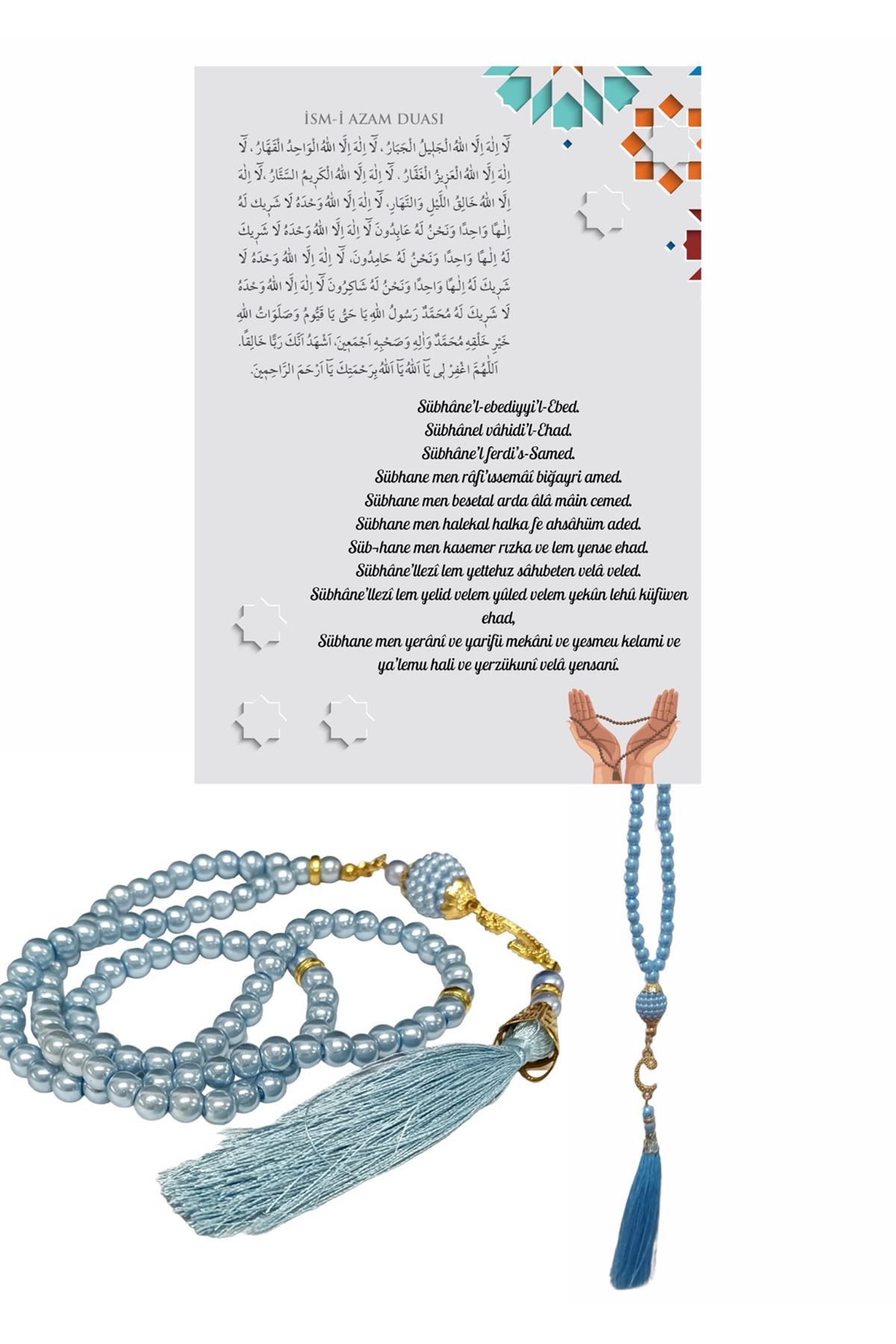 Namaz Tesbihi Vavlı 99'lu Cam İncili İsmi Azam Dua Kartı İle Mavi Renk Hediyelik