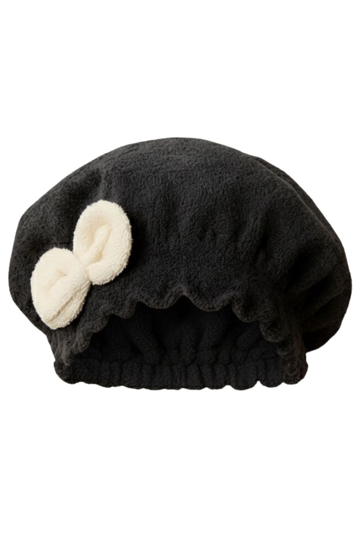 Saç Kurulama Banyo Duş Bonesi – %100 Pamuk , Fiyonklu Siyah