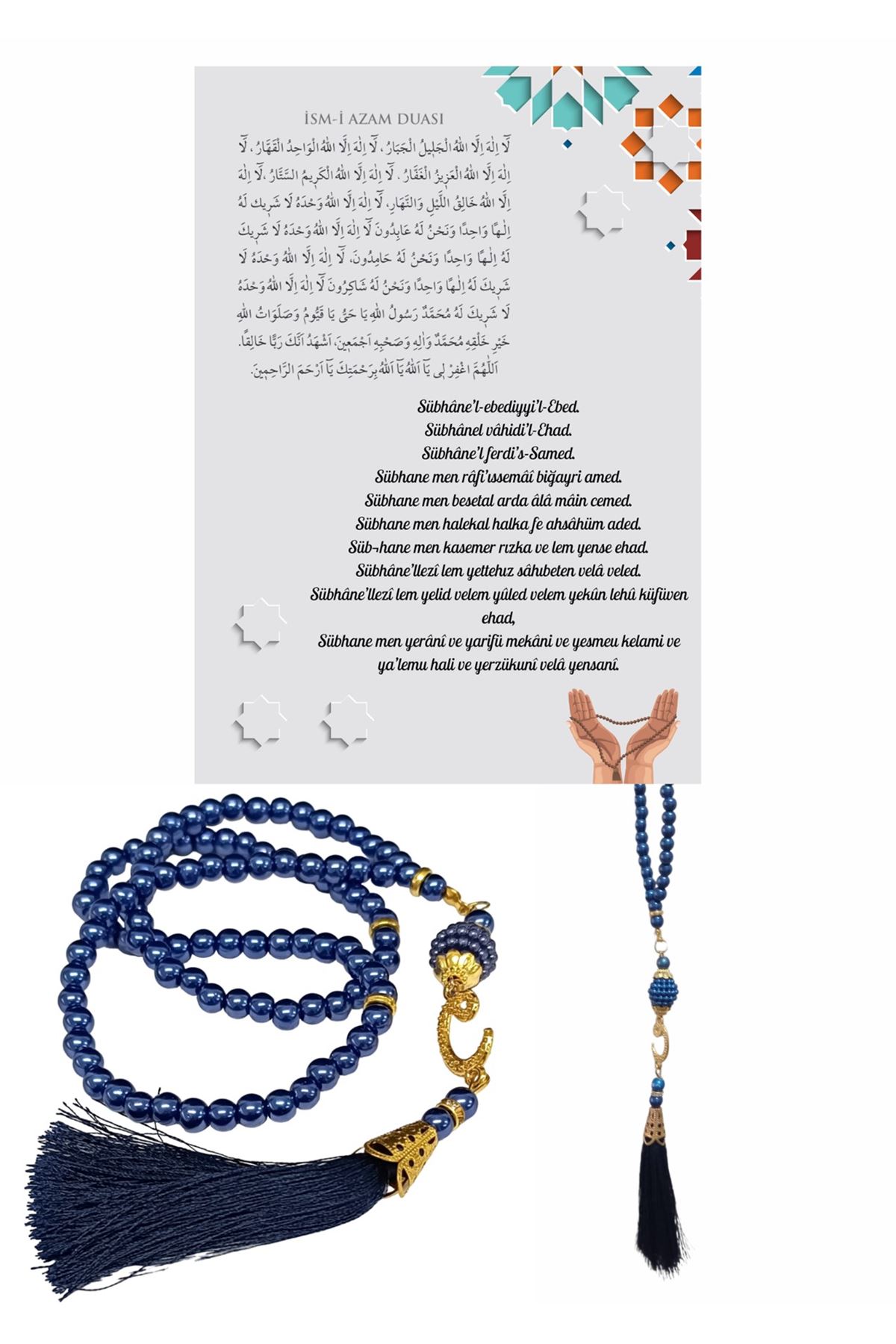 Namaz Tesbihi Vavlı 99'lu Cam İncili İsmi Azam Dua Kartı İle Lacivert Renk Hediyelik