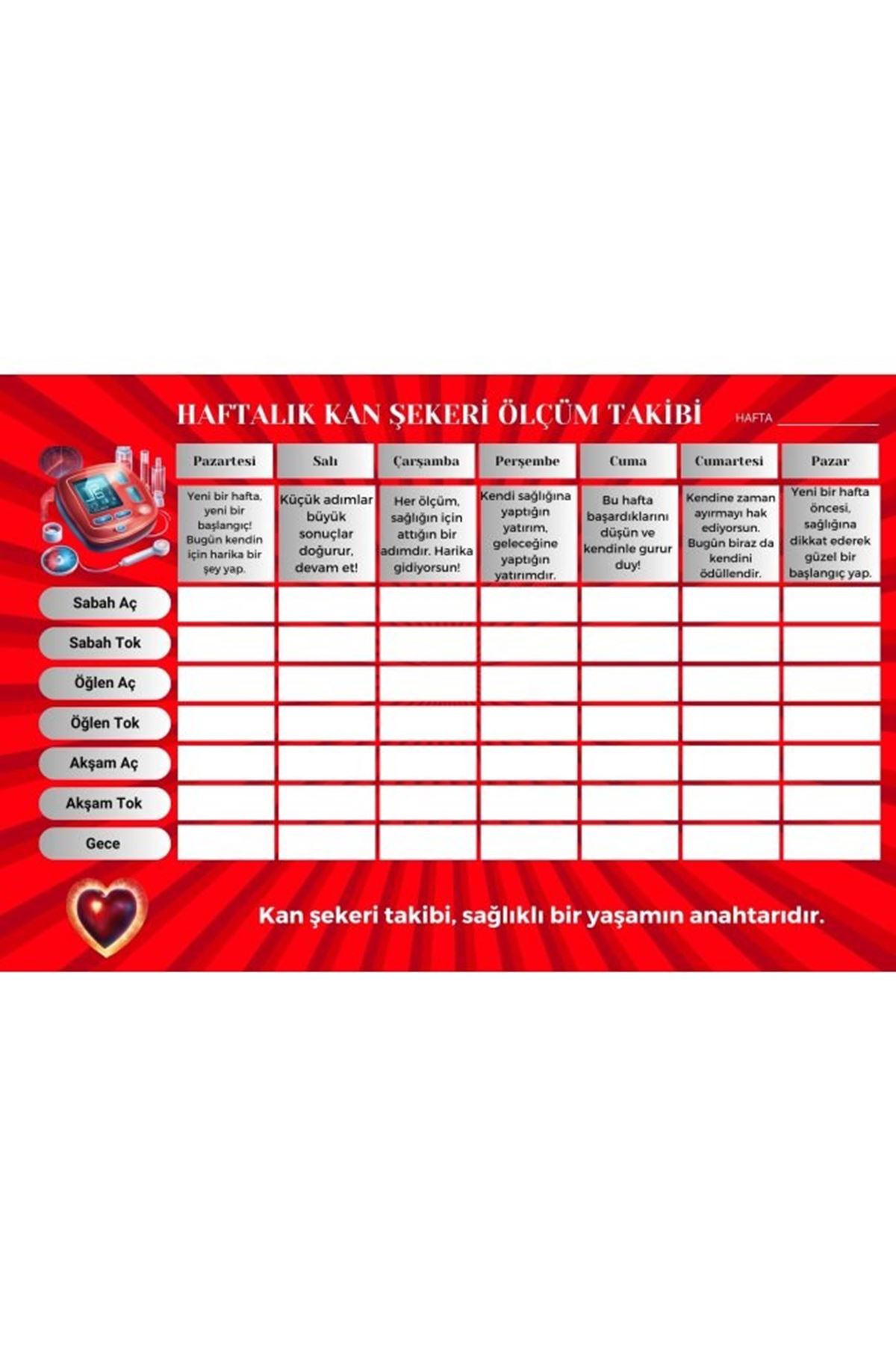 Diyabet Ölçüm Takip Çizelgesi Defteri A Kalite Özel Tasarım 3 Aylık A5 Kırmızı