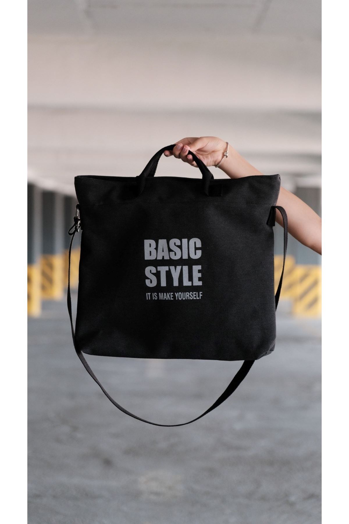 Kanvas Çapraz Askılı Tote Çanta Siyah