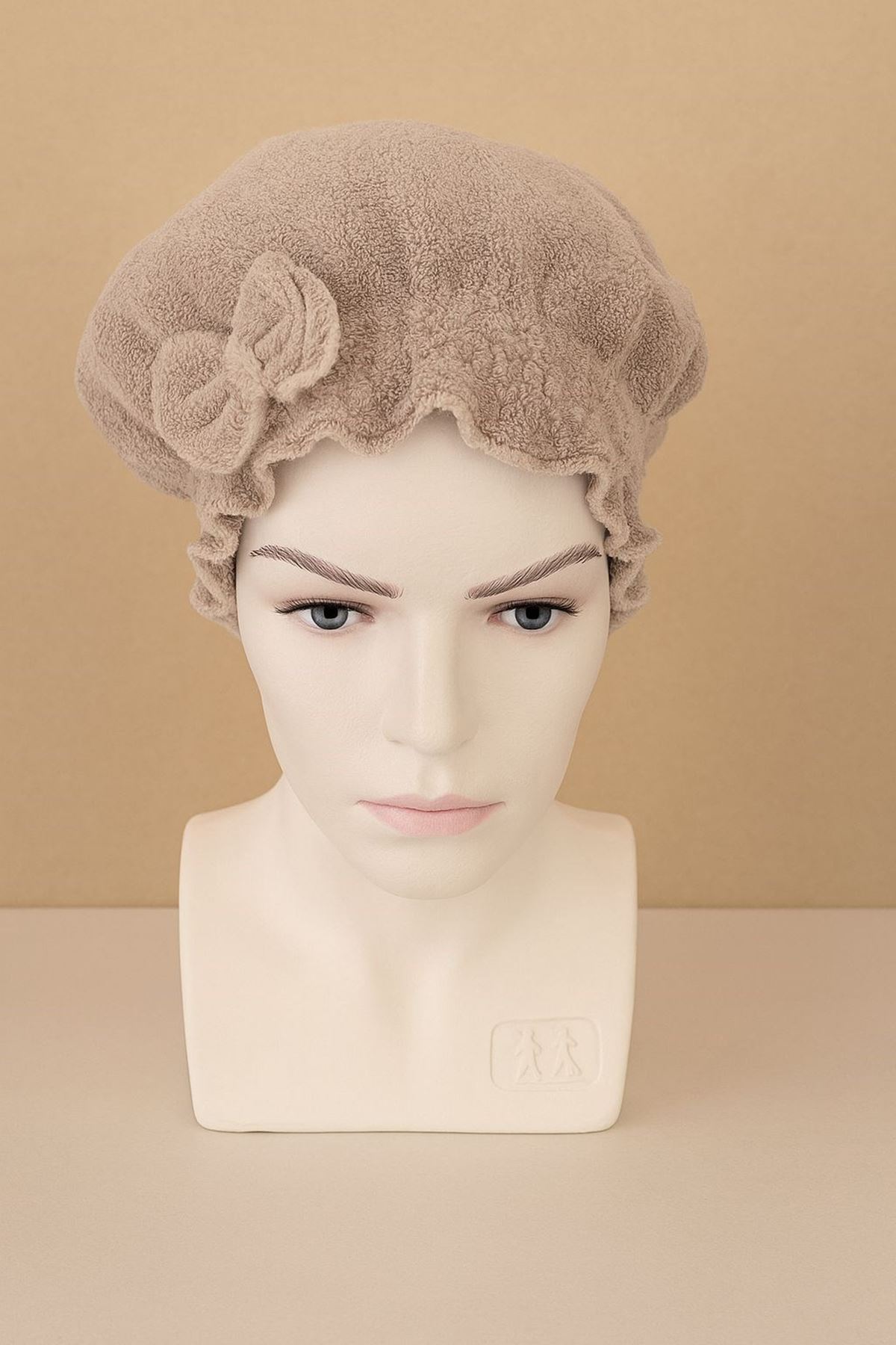 Saç Kurulama Banyo Duş Bonesi – %100 Pamuk , Fiyonklu Kahverengi