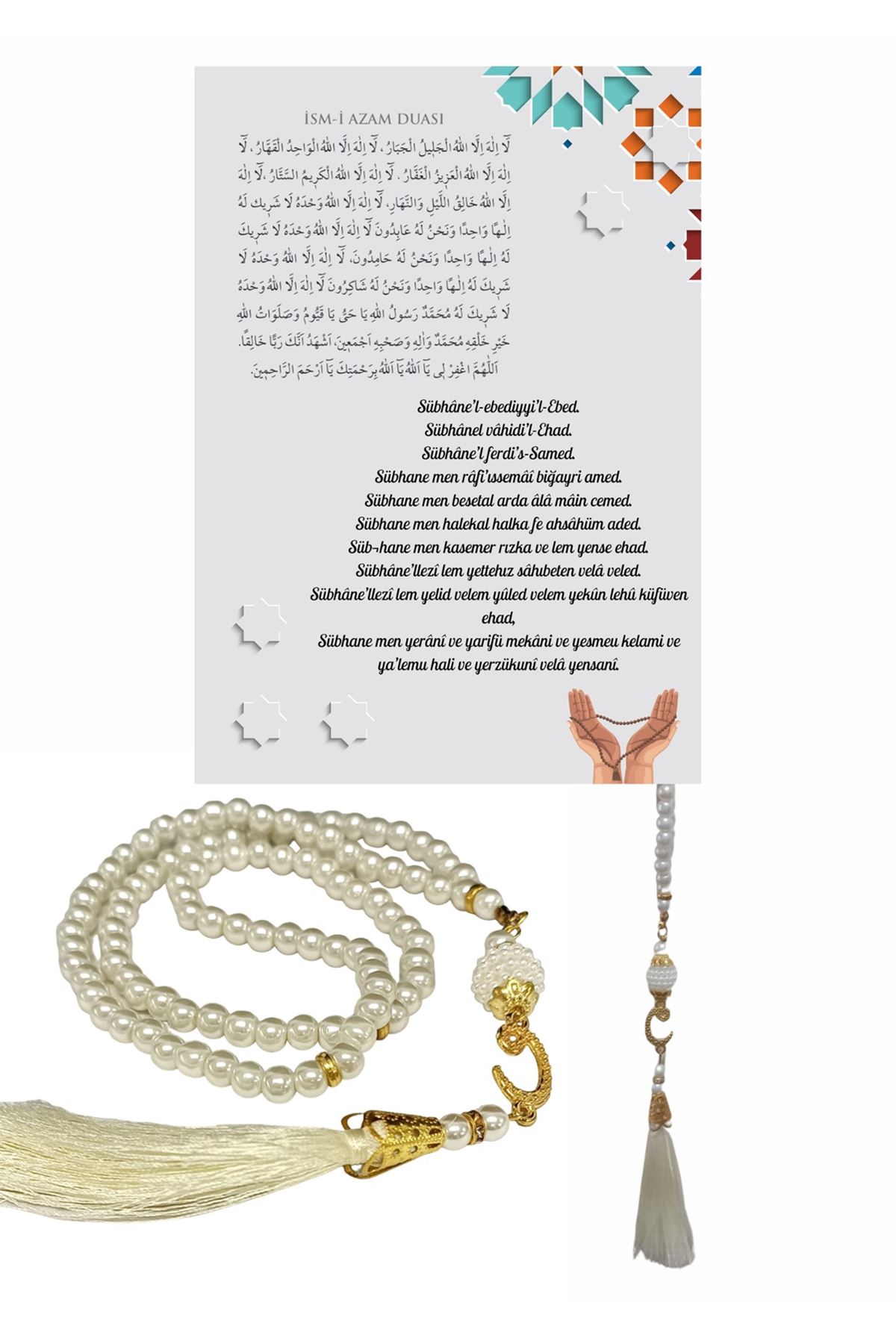 Namaz Tesbihi Vavlı 99'lu Cam İncili İsmi Azam Dua Kartı İle Krem Renk Hediyelik