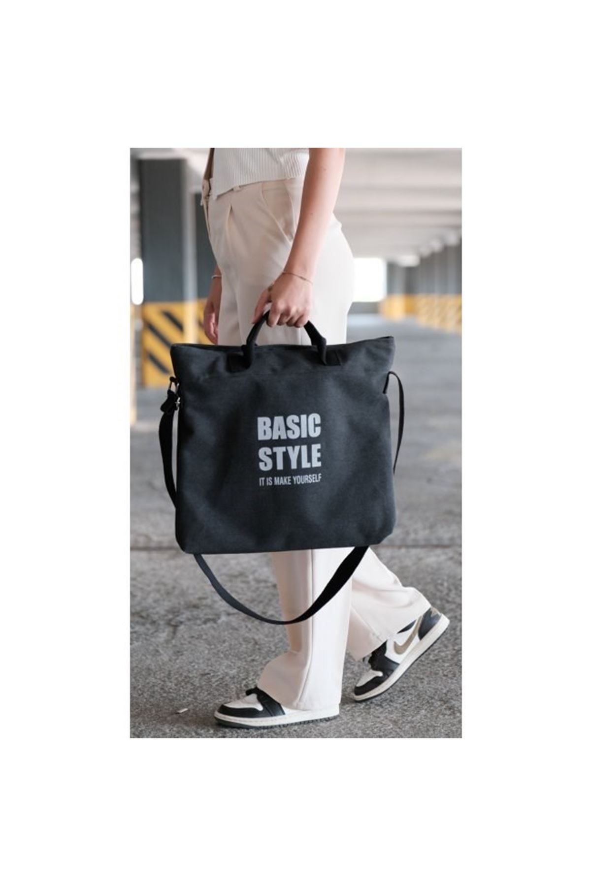 Kanvas Çapraz Askılı Tote Çanta Siyah