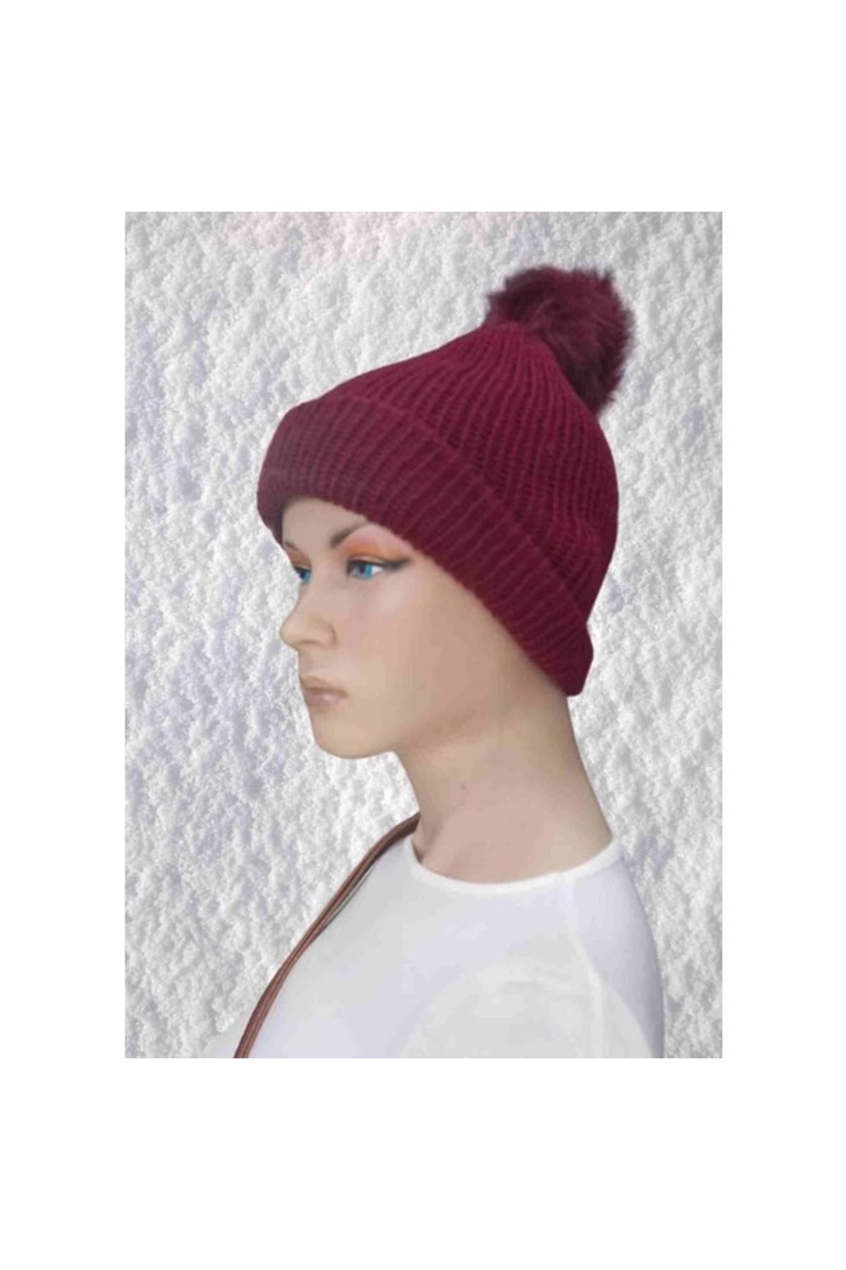 El Örgüsü Doğal Yün Ve Akrilik Karışımlı Sıcacık Kış Beresi Bordo Renk