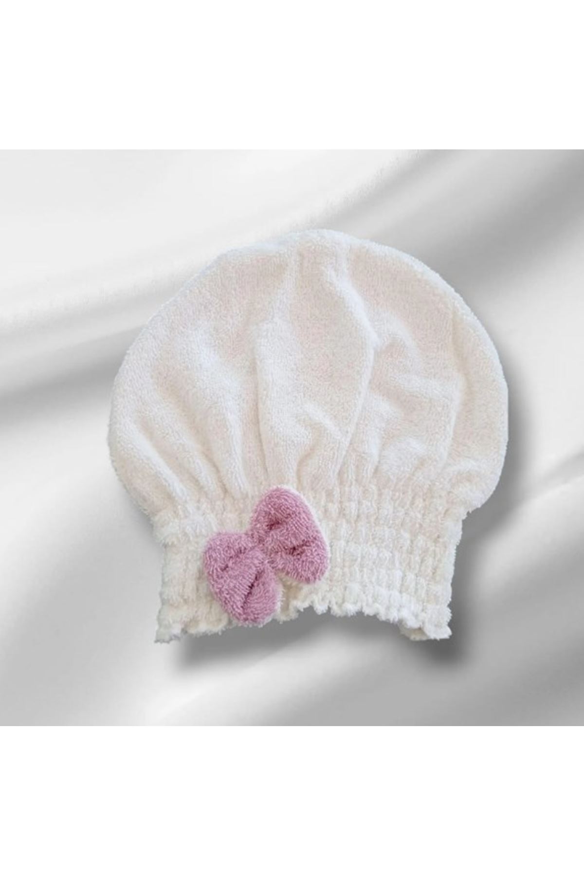 Saç Kurulama Banyo Duş Bonesi – %100 Pamuk , Fiyonklu Beyaz