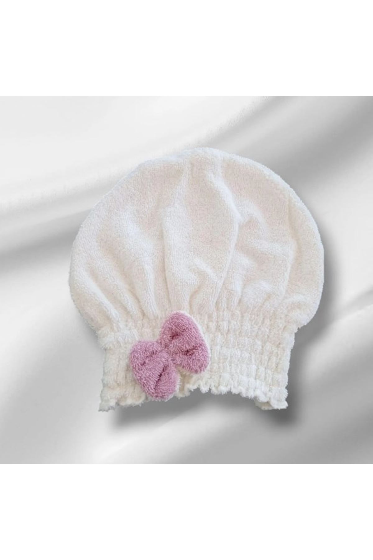 Saç Kurulama Banyo Duş Bonesi – %100 Pamuk , Fiyonklu Beyaz