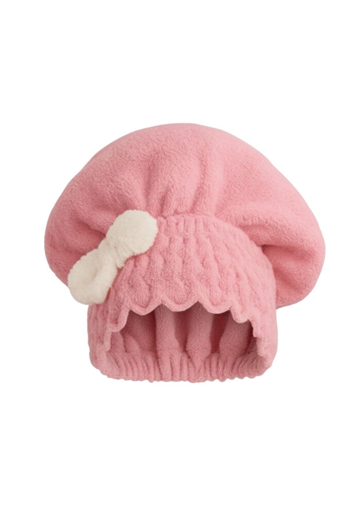 Saç Kurulama Banyo Duş Bonesi – %100 Pamuk , Fiyonklu Pembe