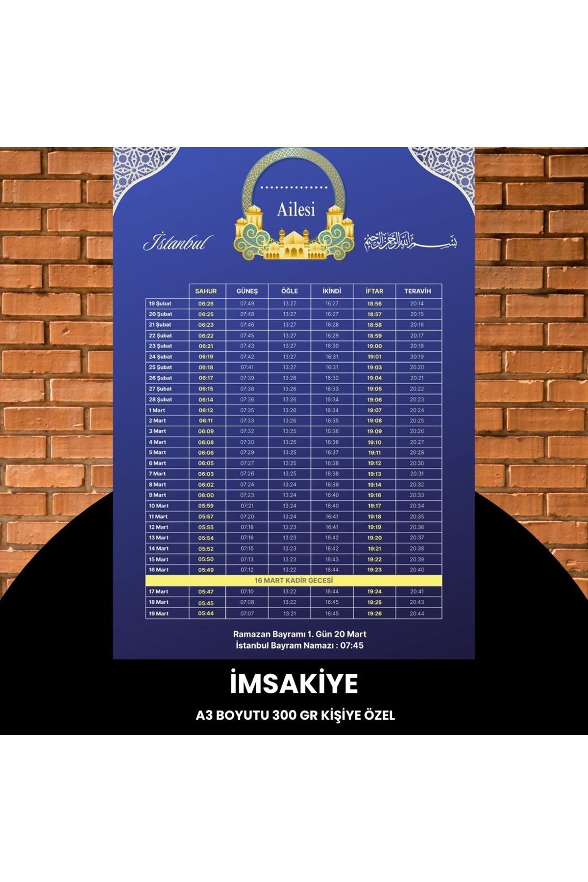 Ramazan İmsakiyesi - 300 Gr - A3 Boyut Kişiye Özel İsimli & Logolu 1 Adet Mor